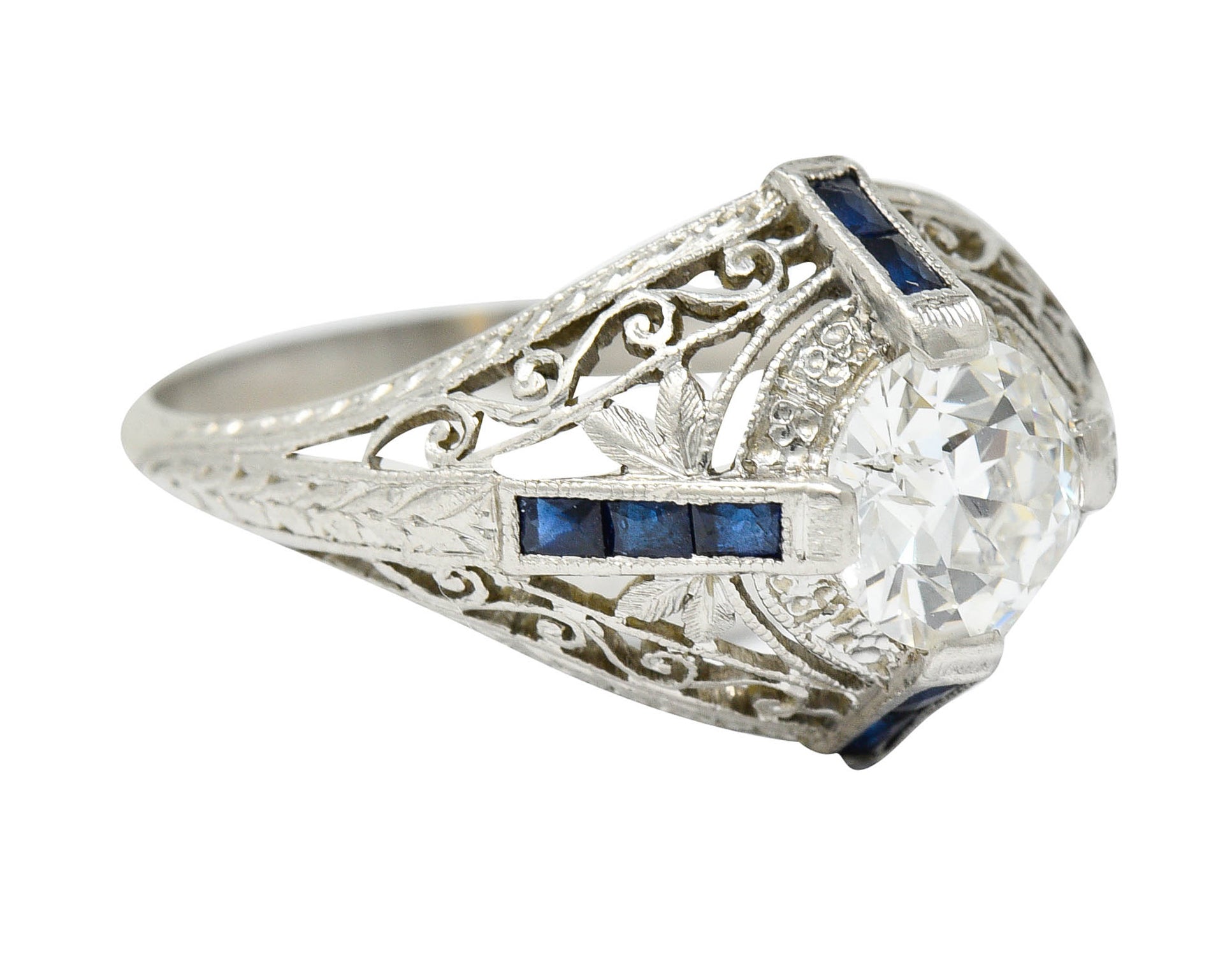 Art Deco 1.32 CTW Diamond Sapphire Platinum Foliate Engagement RingRing - Wilson's Estate Jewelry