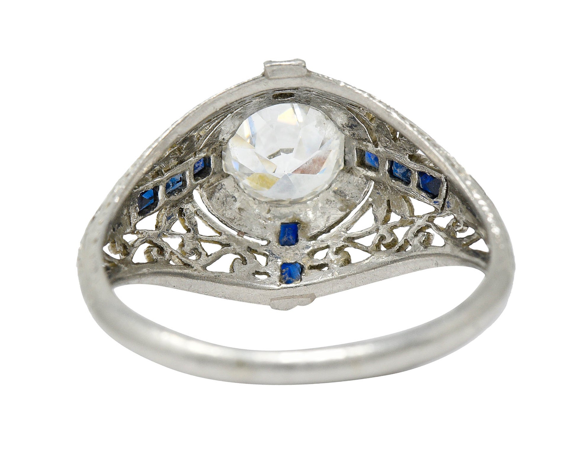 Art Deco 1.32 CTW Diamond Sapphire Platinum Foliate Engagement RingRing - Wilson's Estate Jewelry