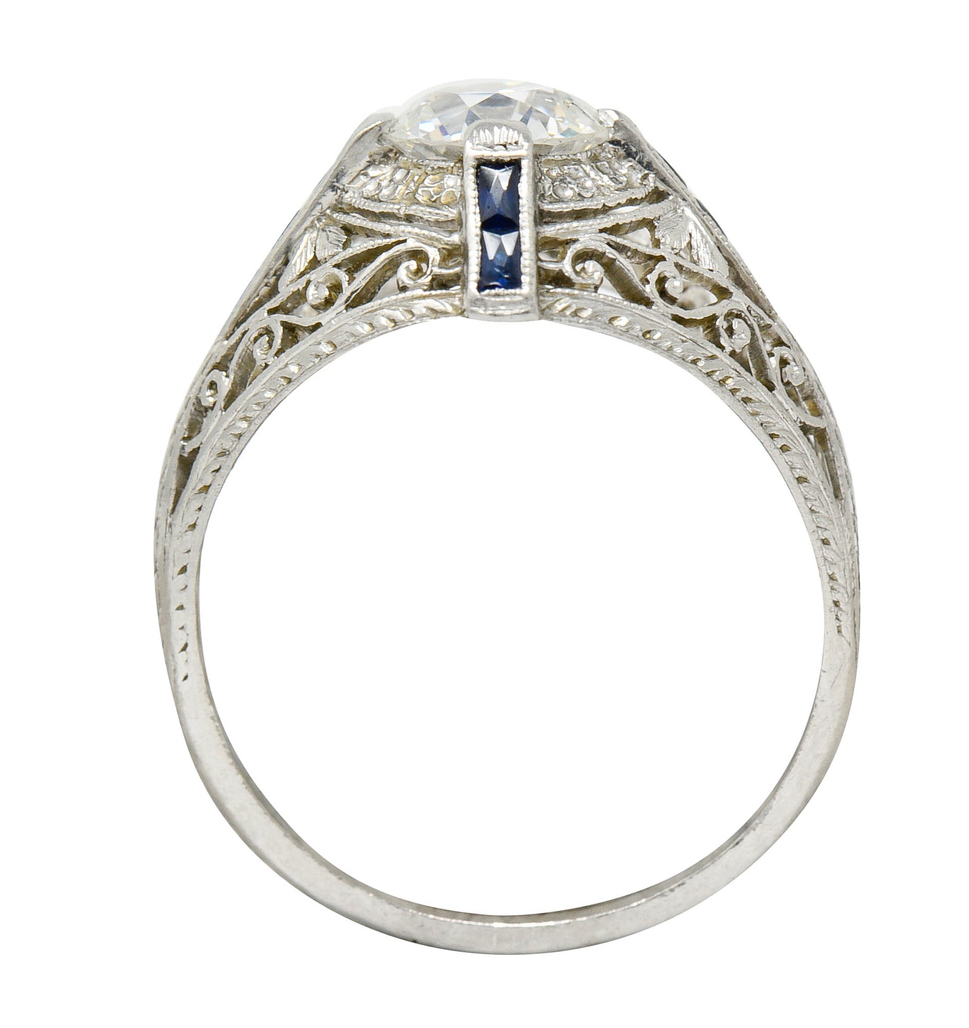 Art Deco 1.32 CTW Diamond Sapphire Platinum Foliate Engagement RingRing - Wilson's Estate Jewelry