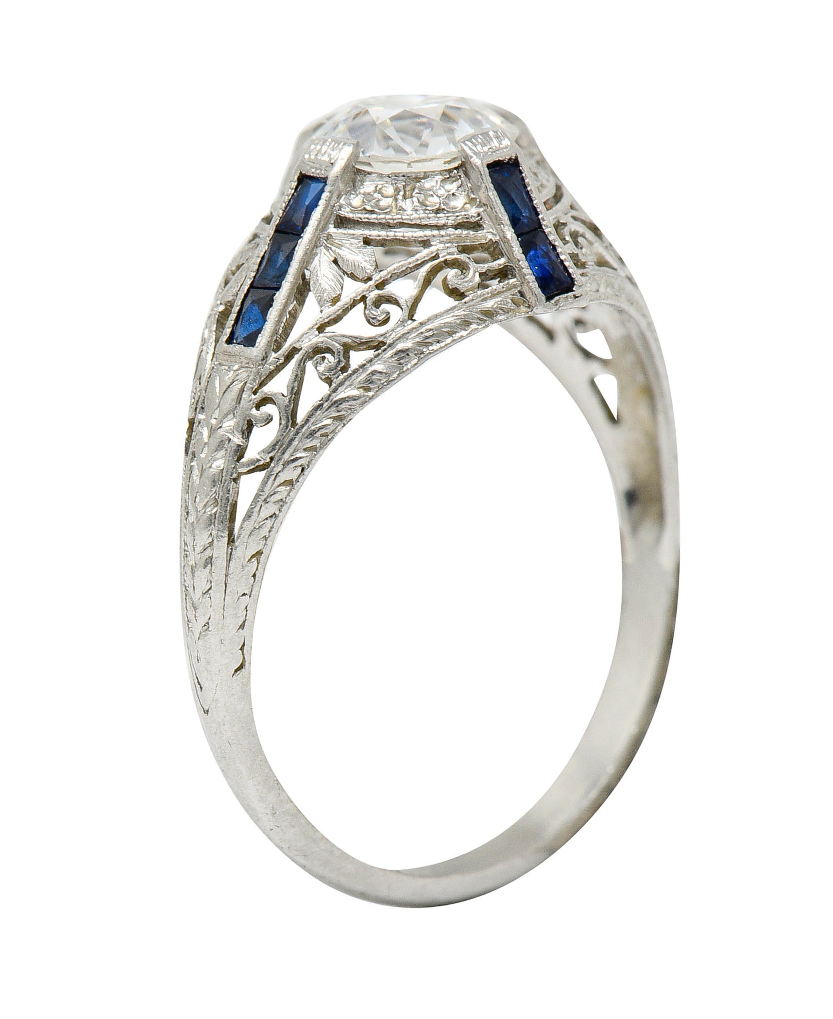 Art Deco 1.32 CTW Diamond Sapphire Platinum Foliate Engagement RingRing - Wilson's Estate Jewelry