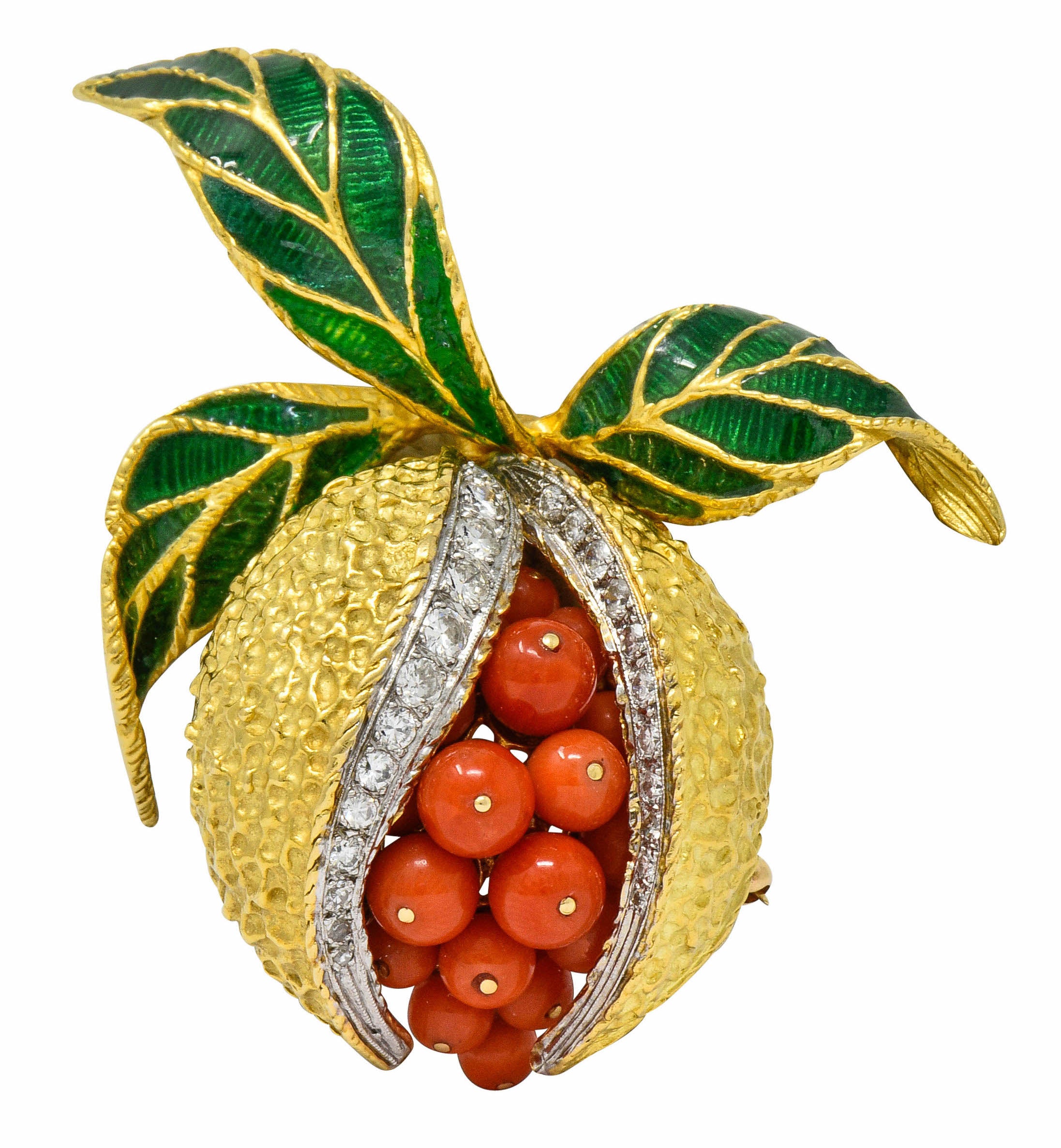 1960's Vintage Diamond Coral Enamel 18 Karat Gold Pomegranate Brooch - Wilson's Estate Jewelry