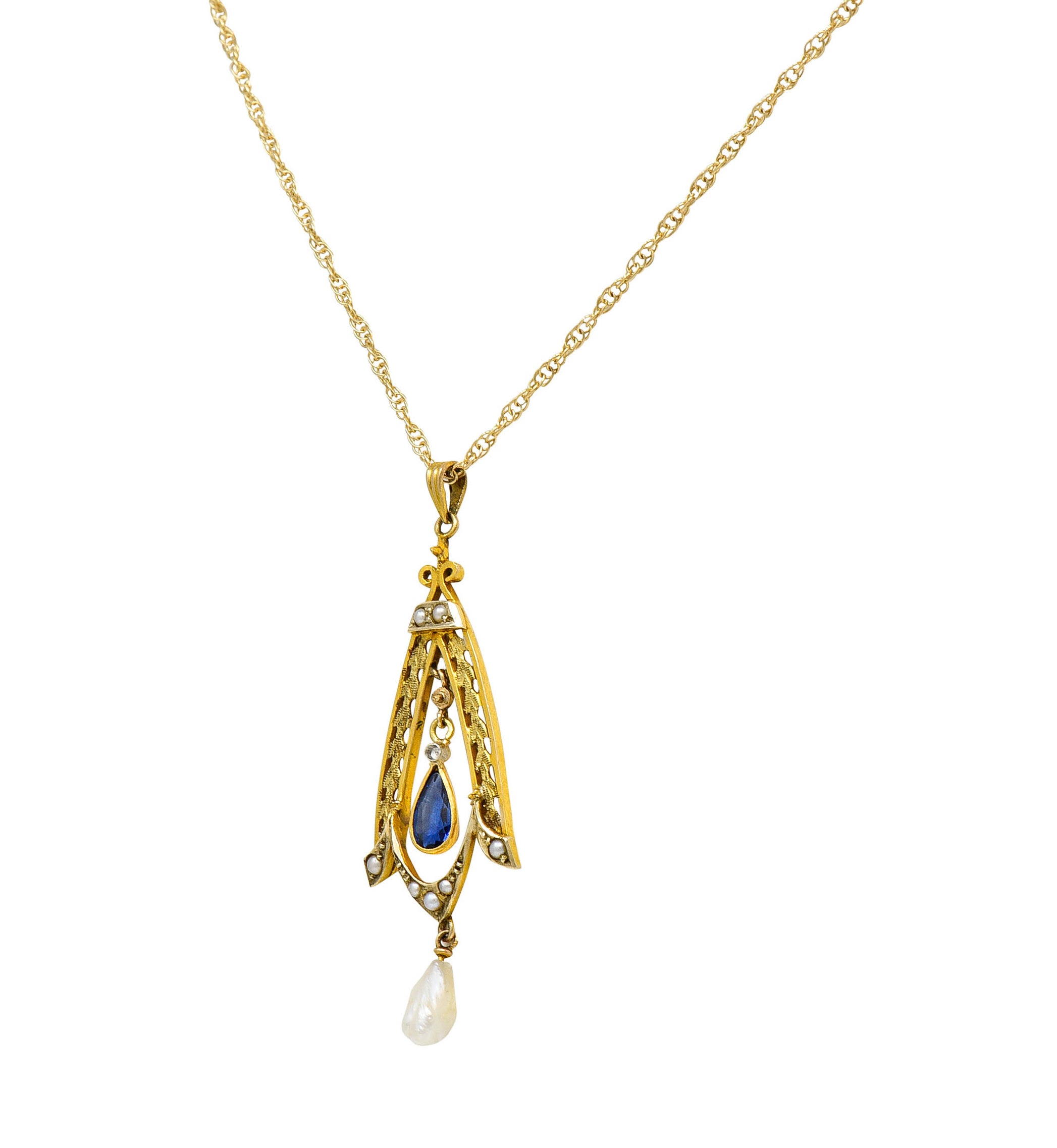 Art Nouveau Sapphire Pearl 14 Karat Two-Tone Gold Laurel Pendant NecklaceNecklace - Wilson's Estate Jewelry