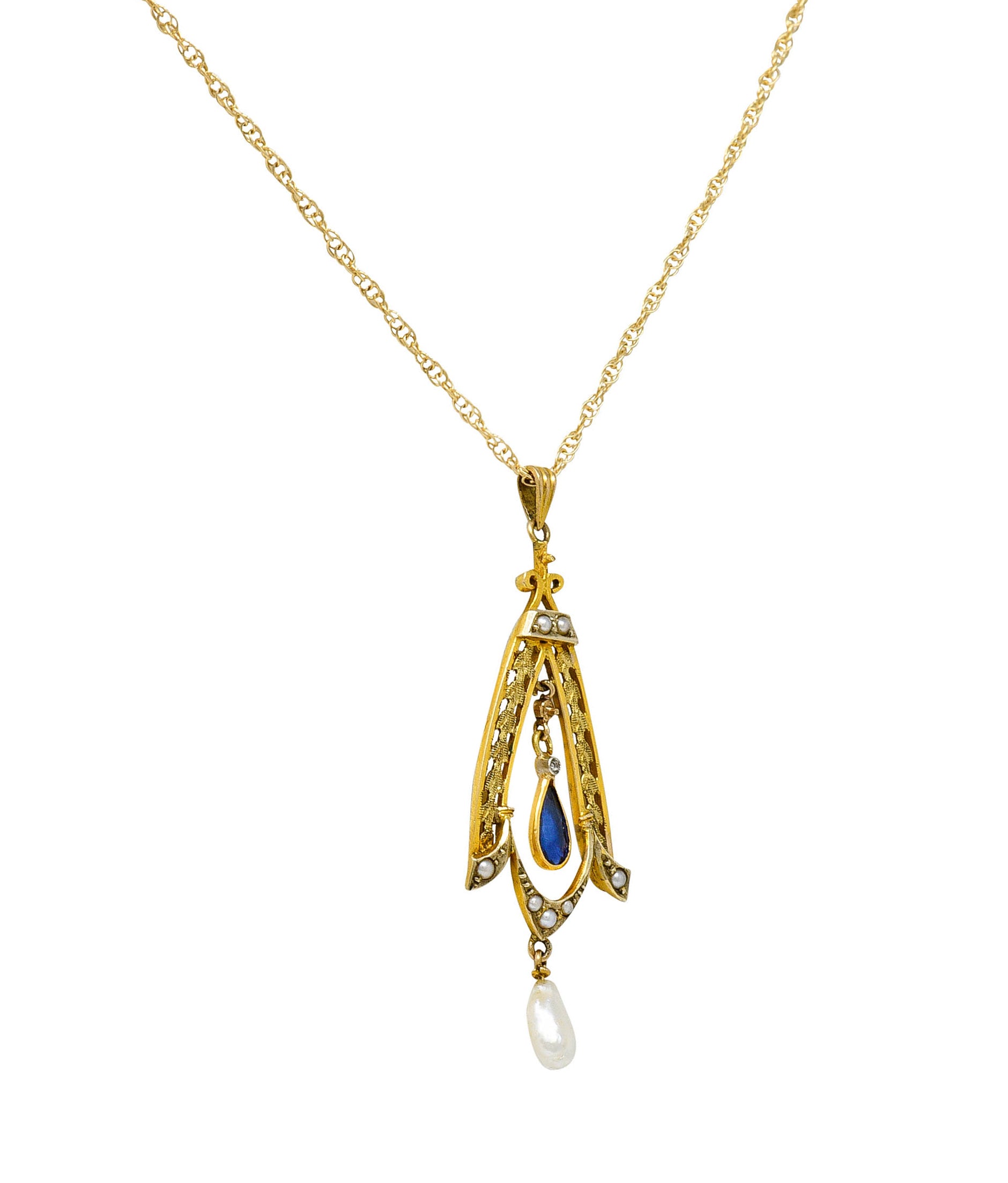 Art Nouveau Sapphire Pearl 14 Karat Two-Tone Gold Laurel Pendant NecklaceNecklace - Wilson's Estate Jewelry