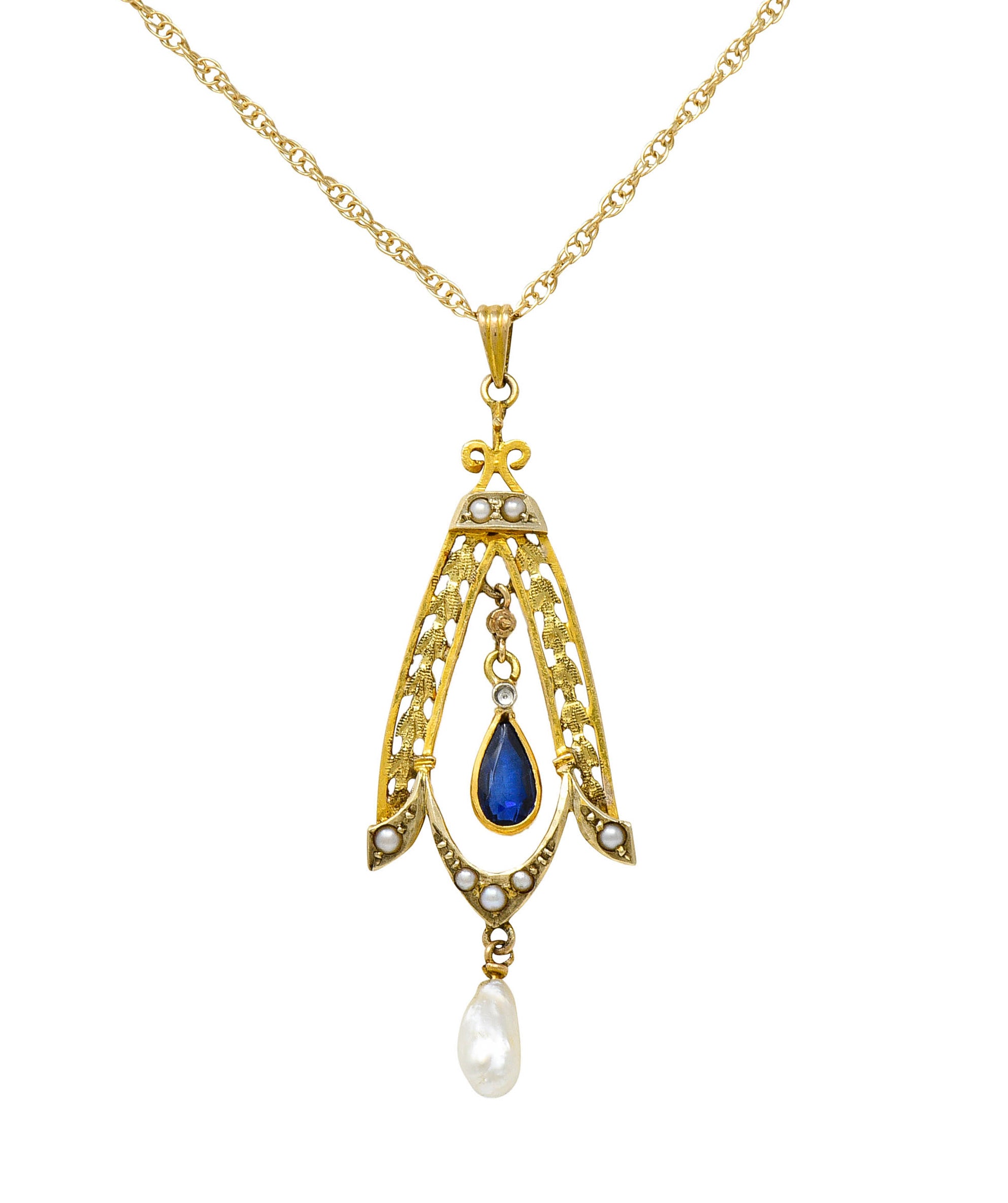 Art Nouveau Sapphire Pearl 14 Karat Two-Tone Gold Laurel Pendant NecklaceNecklace - Wilson's Estate Jewelry