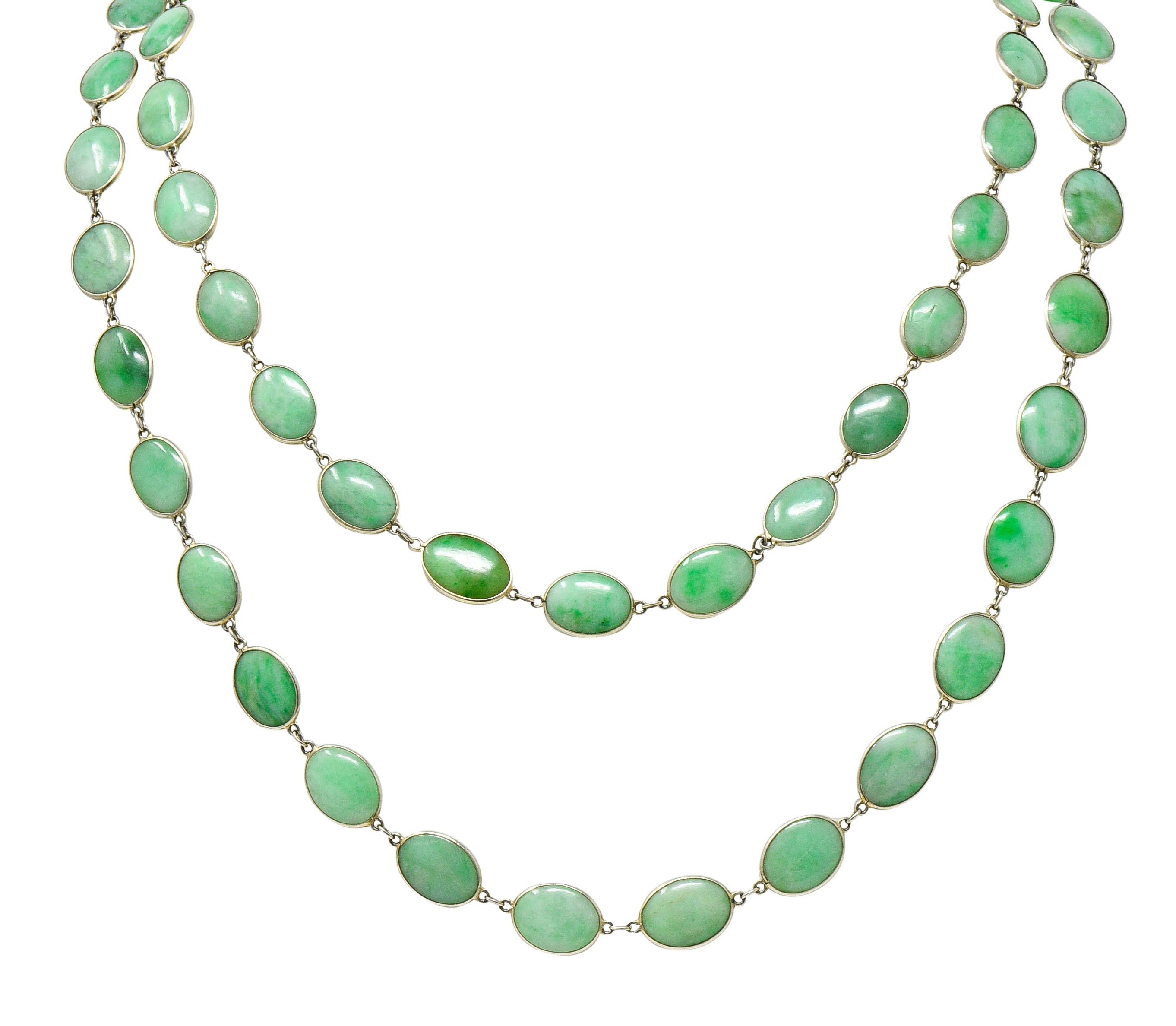 Vintage Jade Cabochon 18 Karat White Gold 47 Inch Long Chain NecklaceNecklace - Wilson's Estate Jewelry