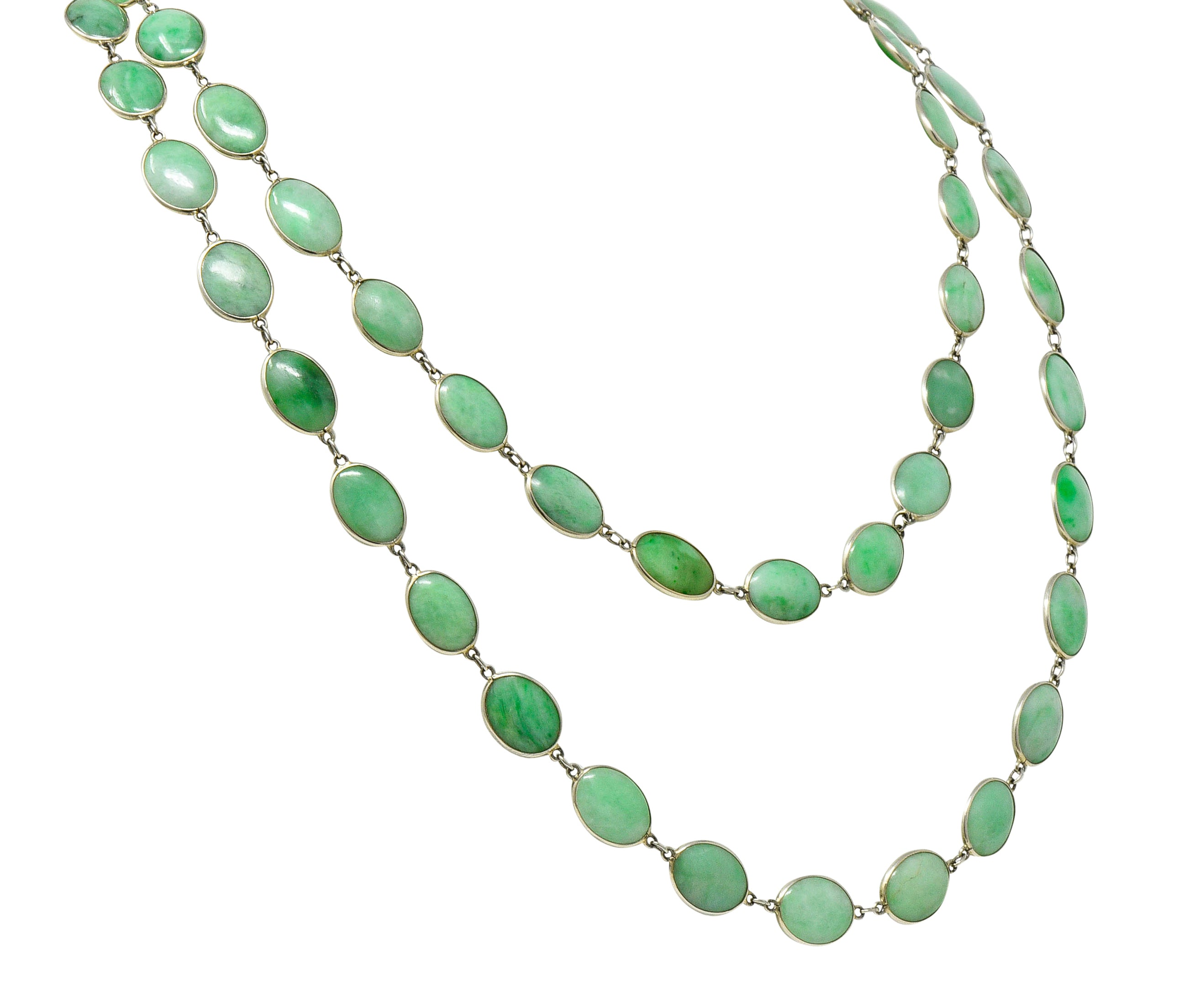 Vintage Jade Cabochon 18 Karat White Gold 47 Inch Long Chain NecklaceNecklace - Wilson's Estate Jewelry