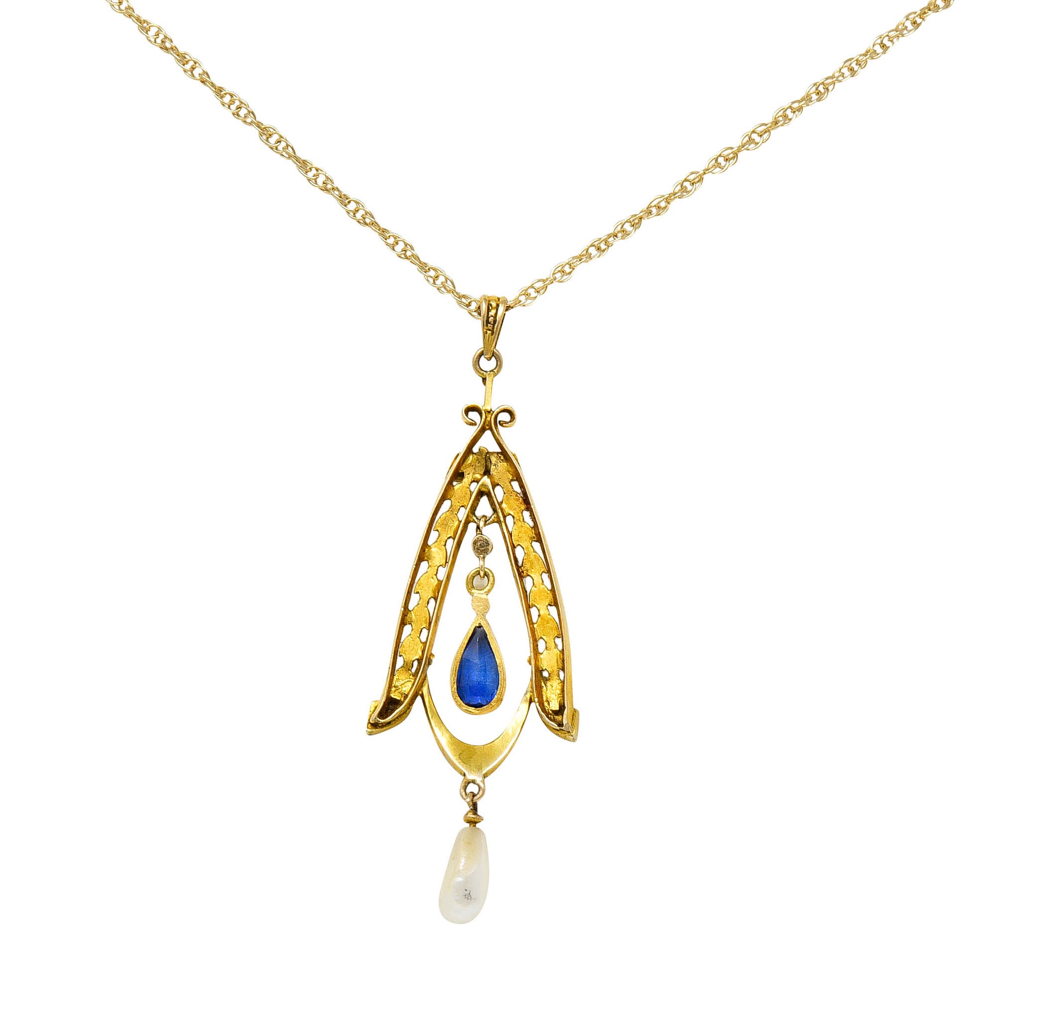 Art Nouveau Sapphire Pearl 14 Karat Two-Tone Gold Laurel Pendant NecklaceNecklace - Wilson's Estate Jewelry