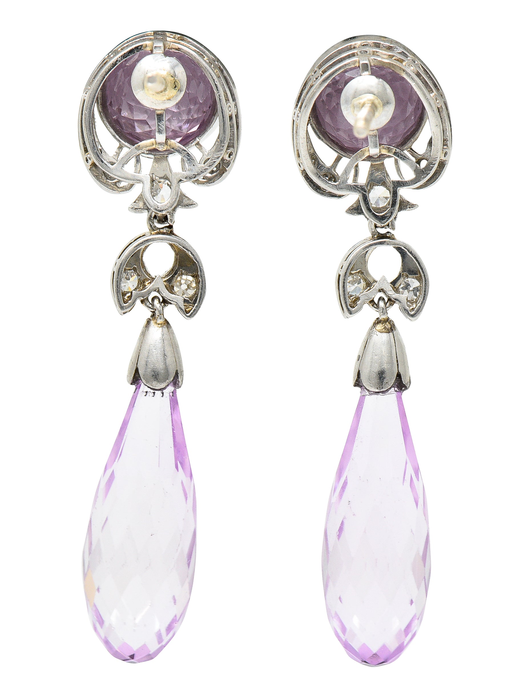 Edwardian Kunzite Diamond Platinum Antique Gemstone Drop Earrings Wilson's Estate Jewelry