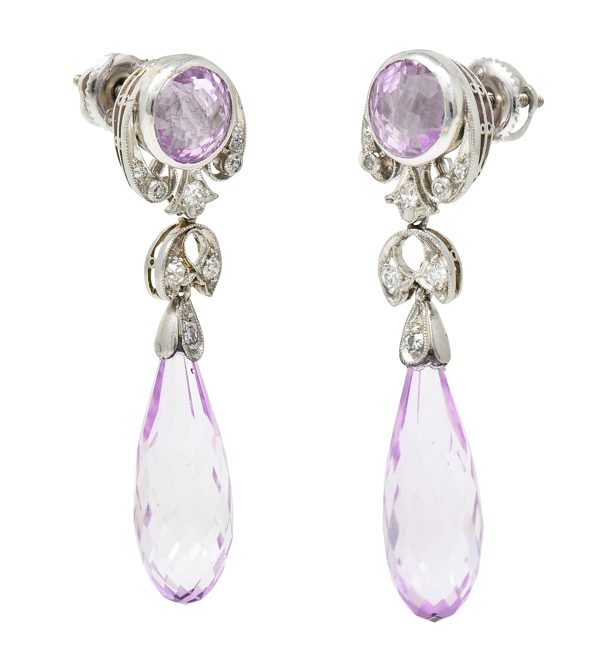 Edwardian Kunzite Diamond Platinum Antique Gemstone Drop Earrings Wilson's Estate Jewelry