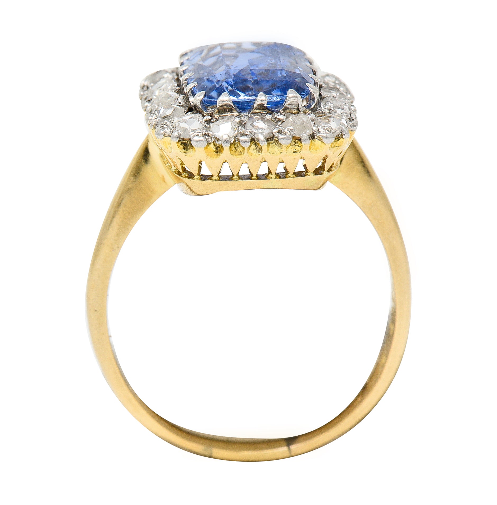 Edwardian 3.47 CTW Cushion Cut No Heat Ceylon Sapphire Diamond Platinum-Topped 18 Karat Yellow Gold Antique Halo Ring GIA Wilson's Estate Jewelry