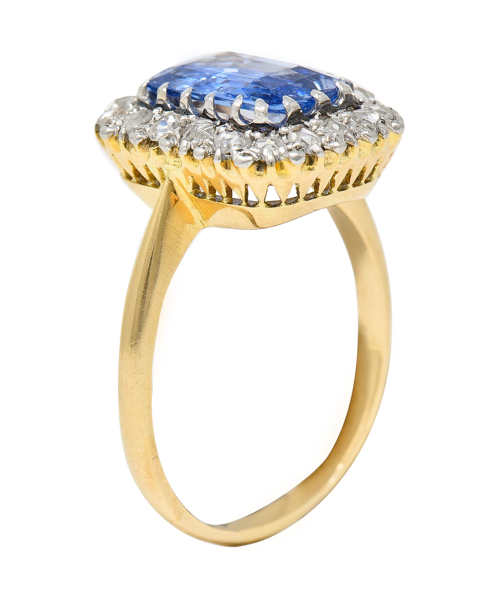 Edwardian 3.47 CTW Cushion Cut No Heat Ceylon Sapphire Diamond Platinum-Topped 18 Karat Yellow Gold Antique Halo Ring GIA Wilson's Estate Jewelry