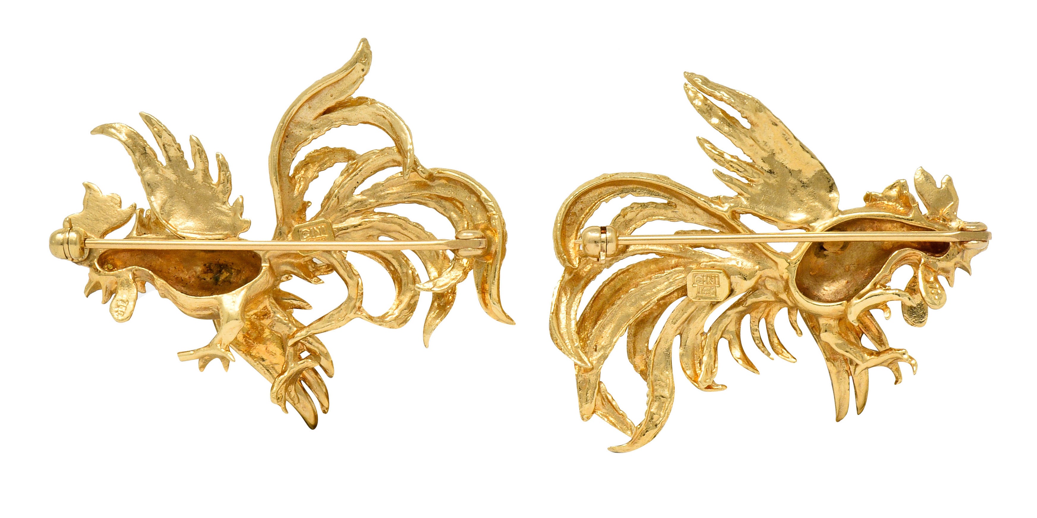 Guglielmo Cini 1960's Vintage 14 Karat Gold Rooster Brooch Clips - Wilson's Estate Jewelry