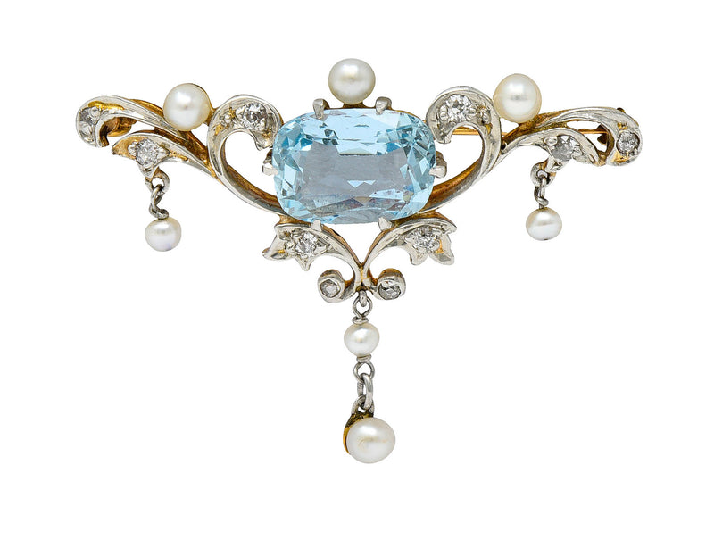 Edwardian Aquamarine Diamond Pearl Platinum-Topped 14 Karat Gold BroochBrooch - Wilson's Estate Jewelry
