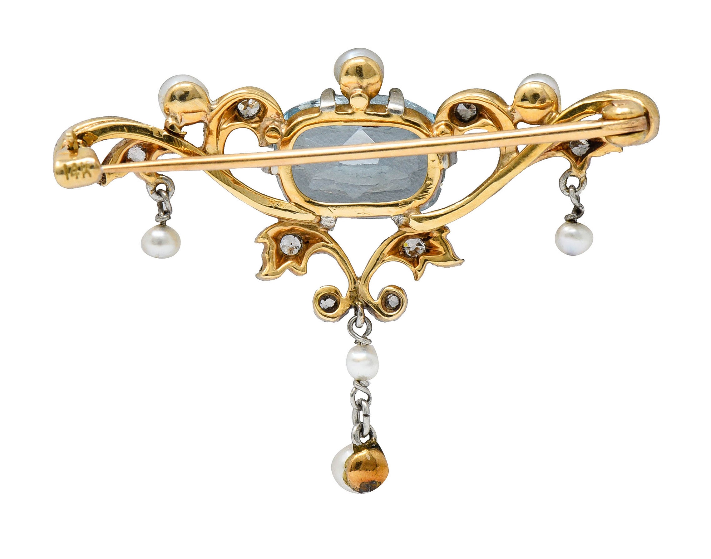 Edwardian Aquamarine Diamond Pearl Platinum-Topped 14 Karat Gold BroochBrooch - Wilson's Estate Jewelry