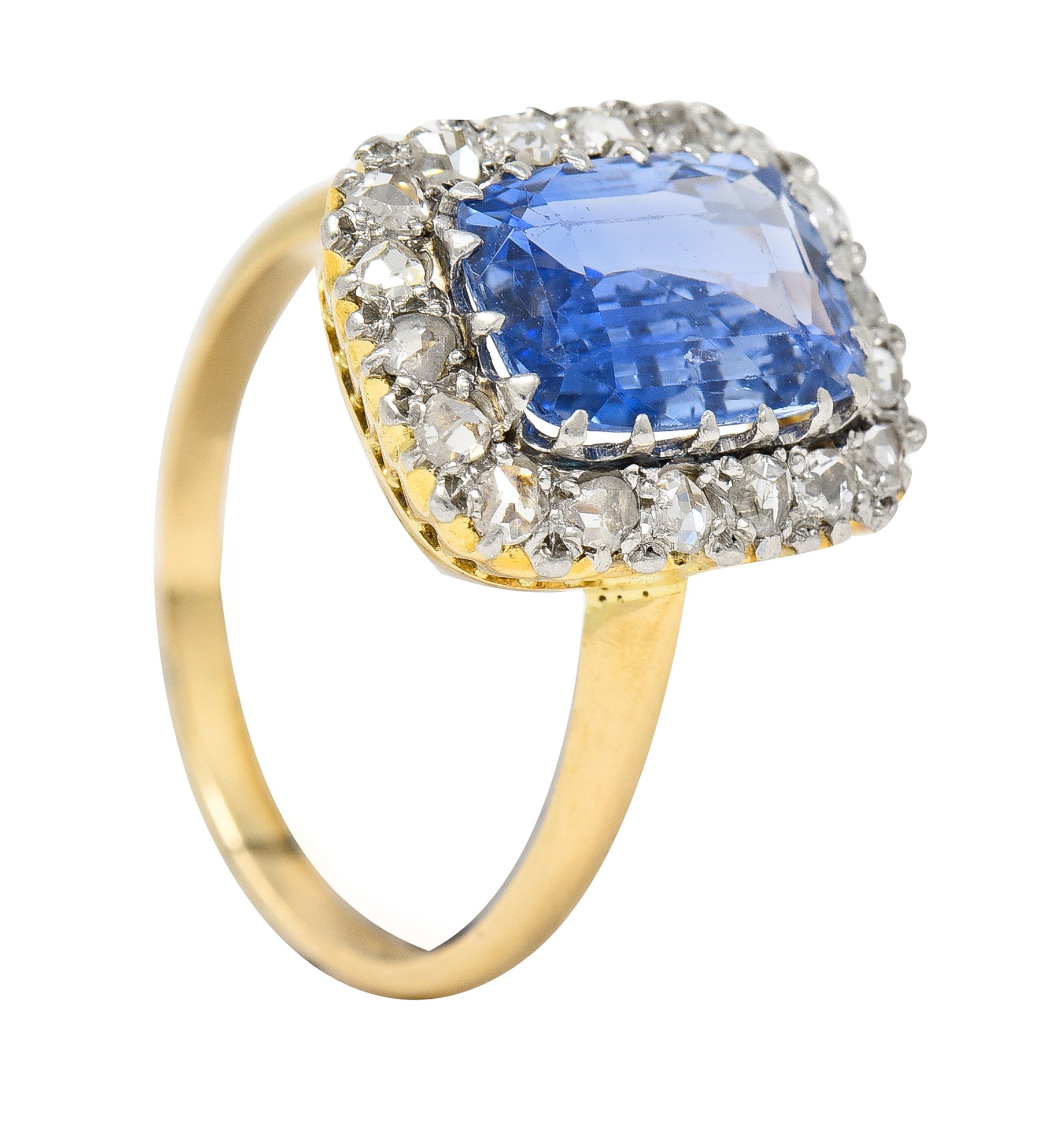 Edwardian 3.47 CTW Cushion Cut No Heat Ceylon Sapphire Diamond Platinum-Topped 18 Karat Yellow Gold Antique Halo Ring GIA Wilson's Estate Jewelry