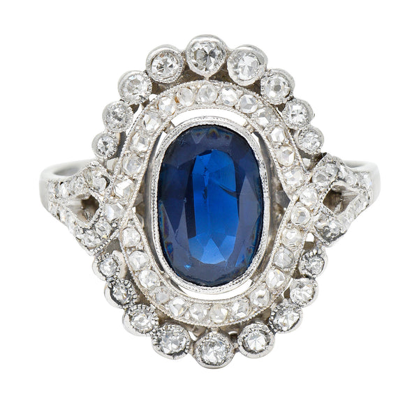 Edwardian 2.70 CTW Sapphire Diamond Double Halo Cluster RingRing - Wilson's Estate Jewelry