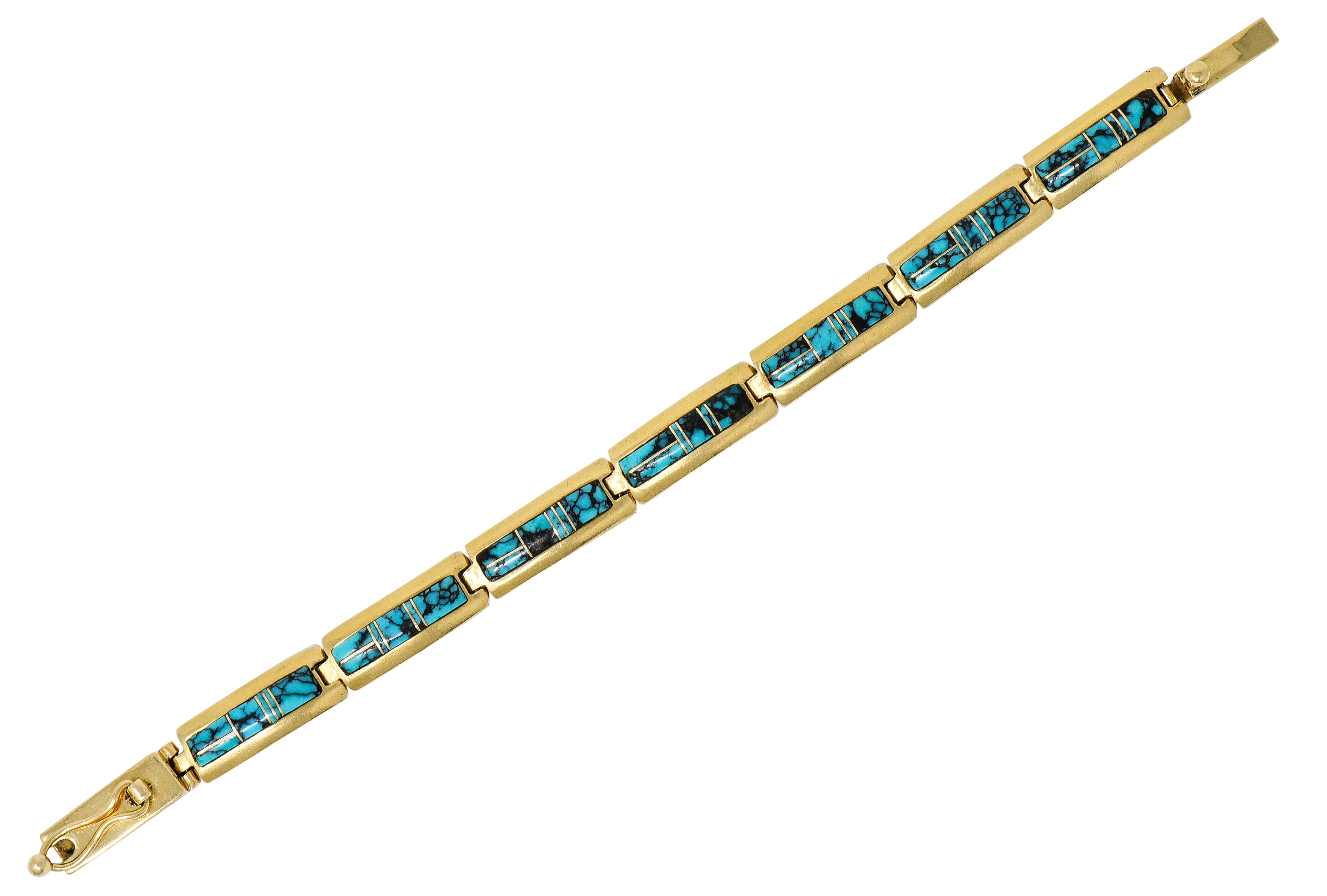 Contemporary B.G. Mudd Turquoise Inlay 14 Karat Gold Link Braceletbracelet - Wilson's Estate Jewelry