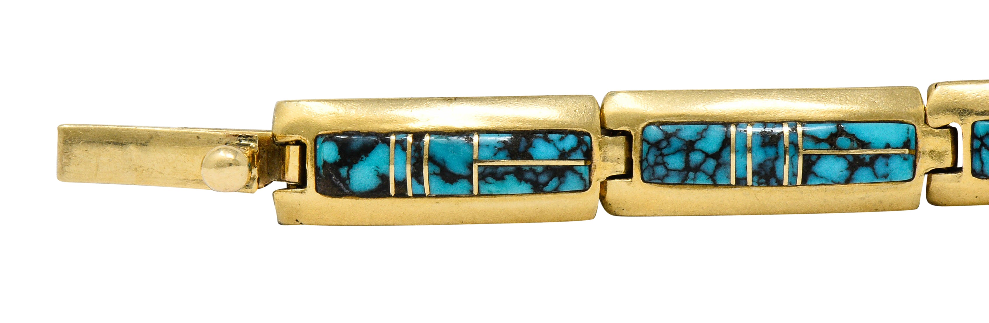 Contemporary B.G. Mudd Turquoise Inlay 14 Karat Gold Link Braceletbracelet - Wilson's Estate Jewelry