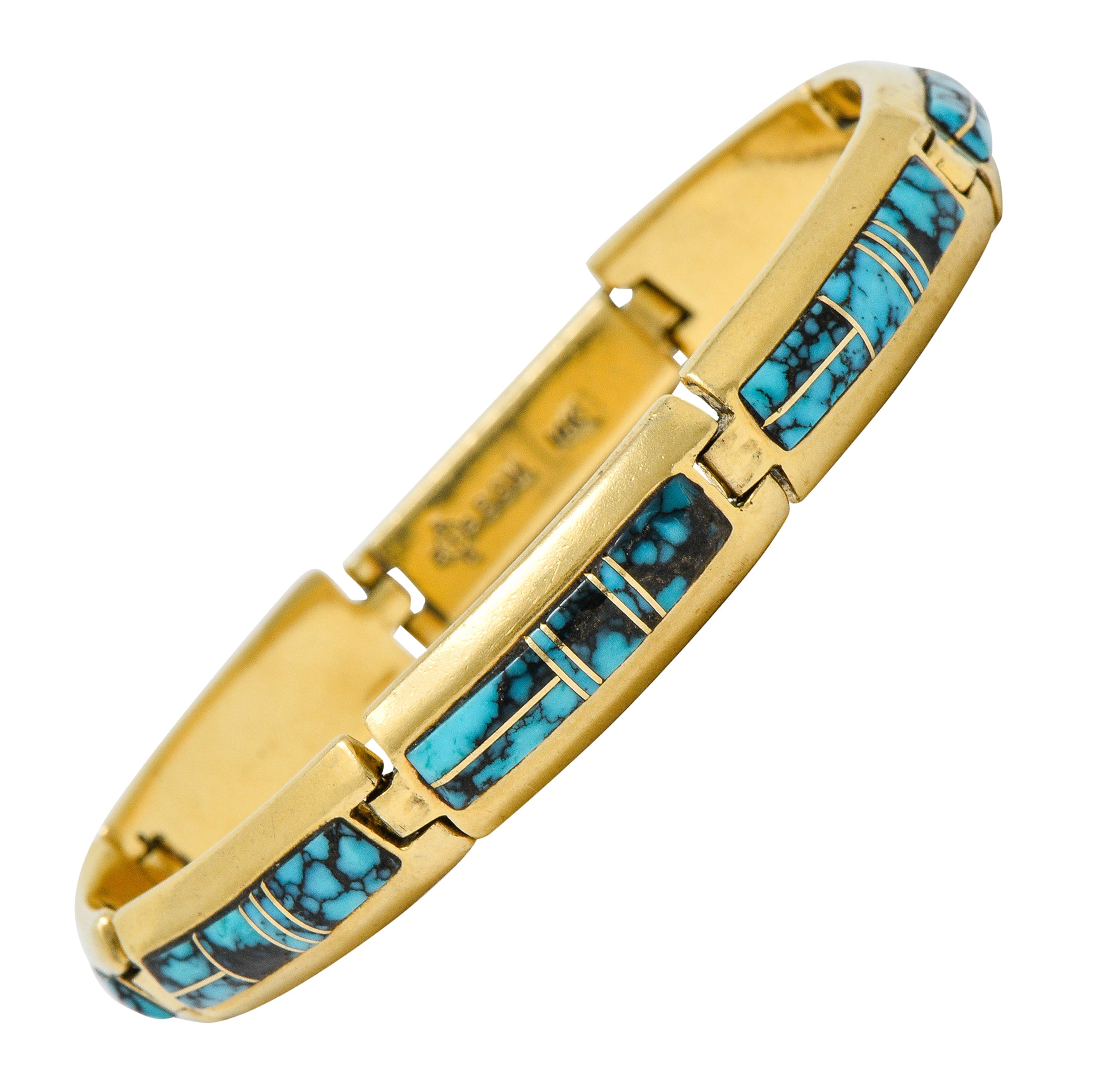 Contemporary B.G. Mudd Turquoise Inlay 14 Karat Gold Link Braceletbracelet - Wilson's Estate Jewelry