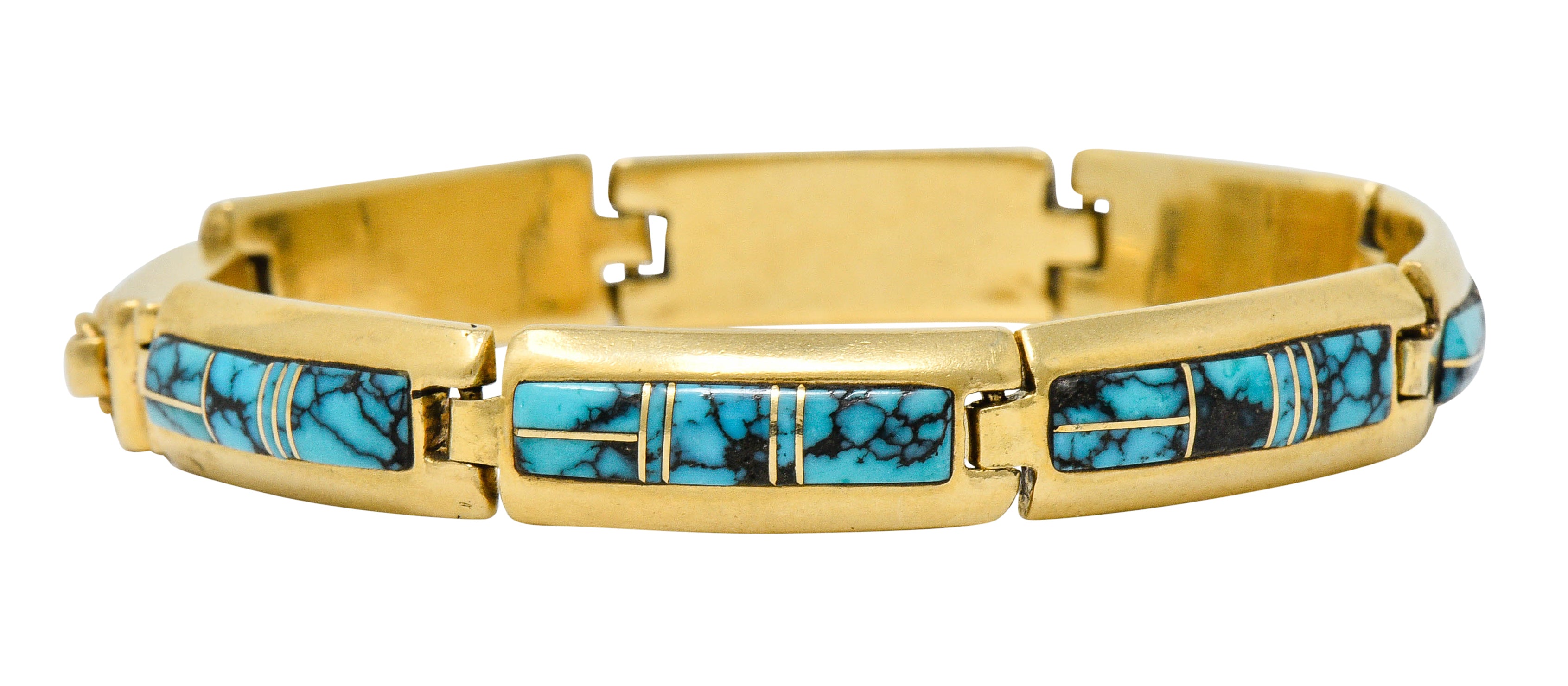 Contemporary B.G. Mudd Turquoise Inlay 14 Karat Gold Link Braceletbracelet - Wilson's Estate Jewelry