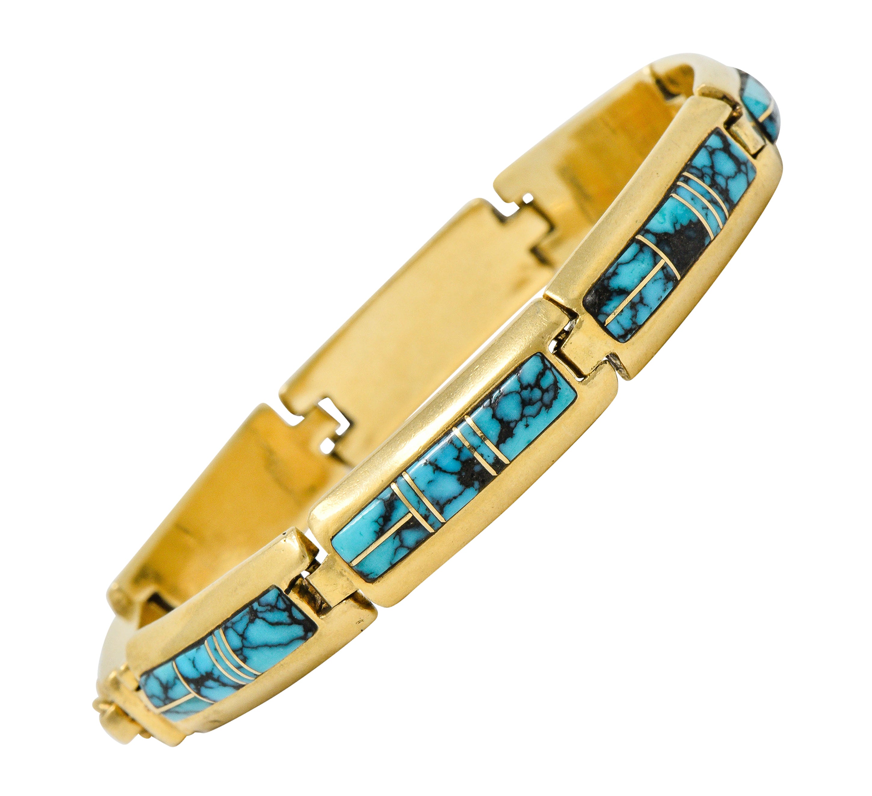 Contemporary B.G. Mudd Turquoise Inlay 14 Karat Gold Link Braceletbracelet - Wilson's Estate Jewelry