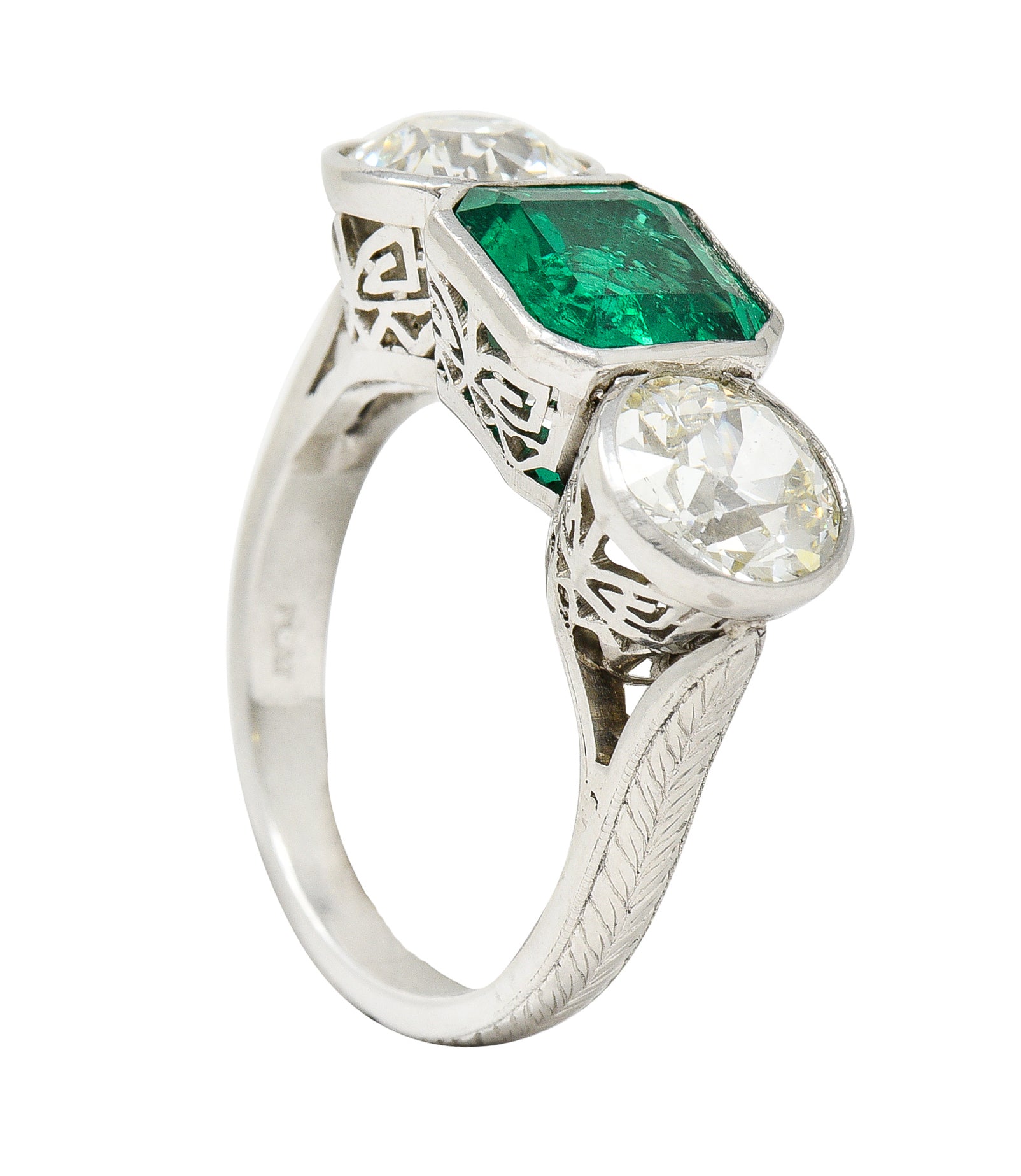 Art Deco 5.02 CTW Colombian Emerald Old European Cut Diamond Platinum Greek Key Three Stone Ring AGL Wilson's Estate Jewelry