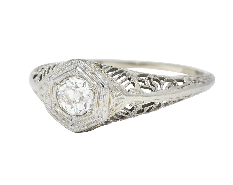 Art Deco Old European Diamond 18 Karat White Gold Heart Vintage Engagement Ring
