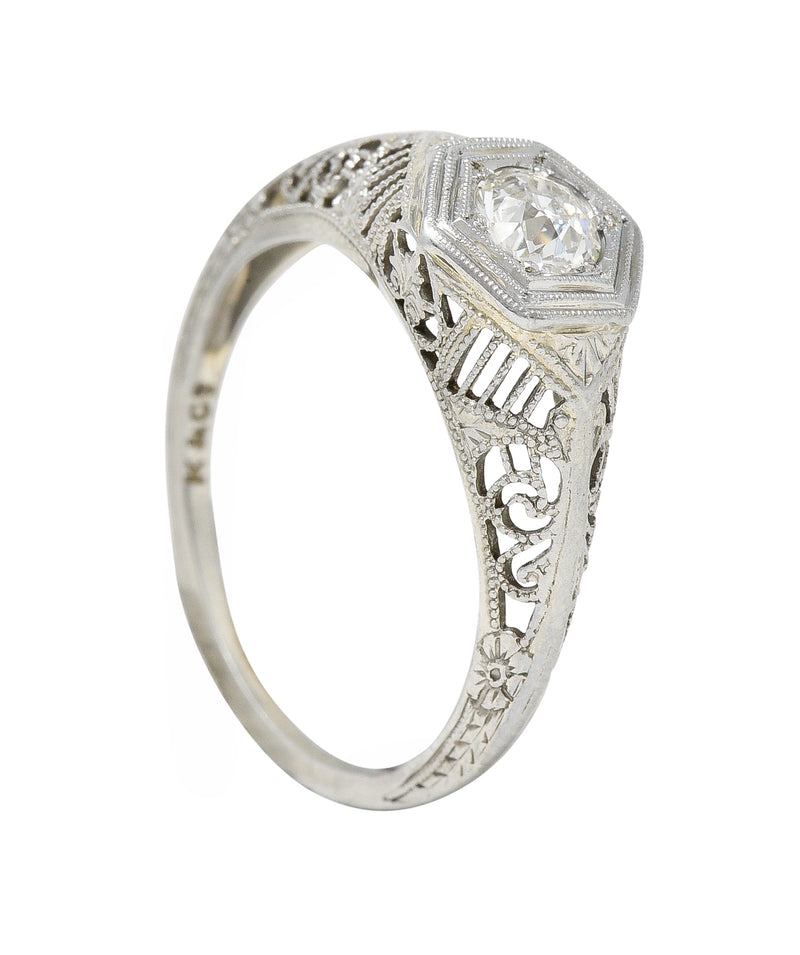 Art Deco Old European Diamond 18 Karat White Gold Heart Vintage Engagement Ring