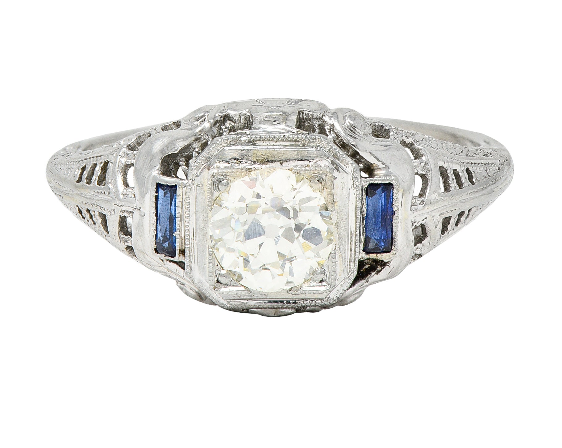 Art Deco 0.71 CTW Diamond Sapphire 18 Karat White Gold Vintage Engagement Ring