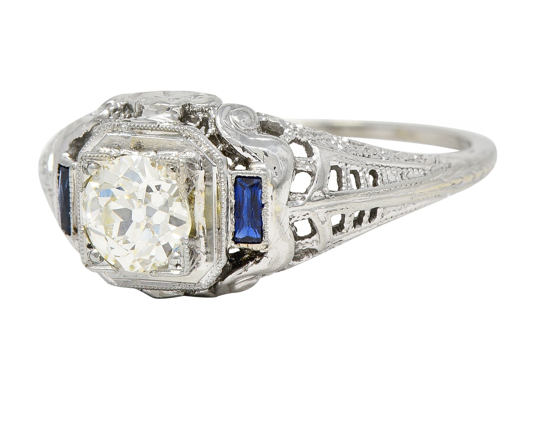 Art Deco 0.71 CTW Diamond Sapphire 18 Karat White Gold Vintage Engagement Ring