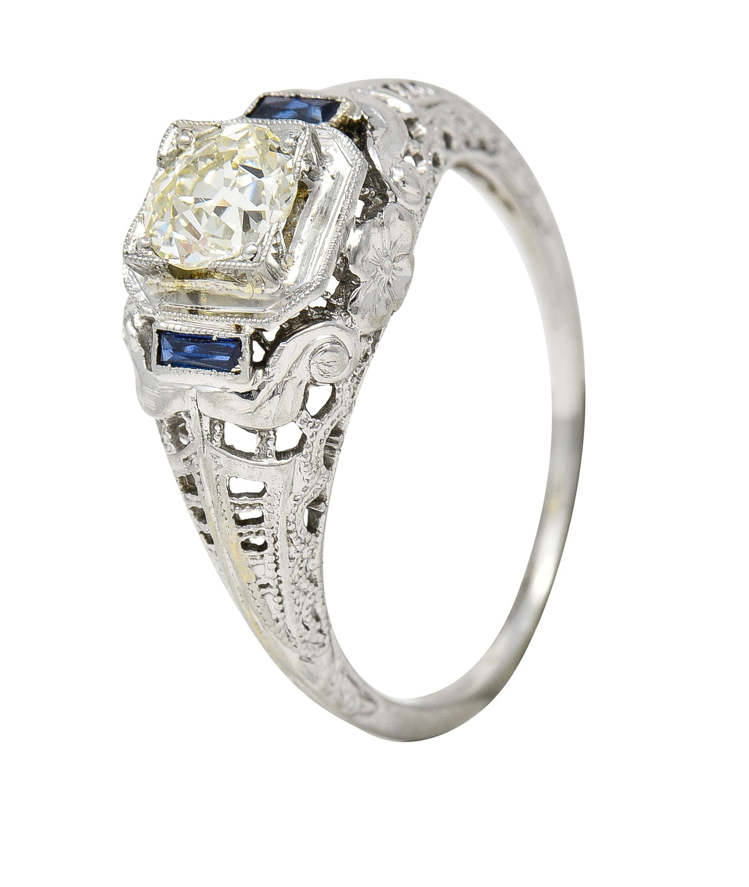 Art Deco 0.71 CTW Diamond Sapphire 18 Karat White Gold Vintage Engagement Ring