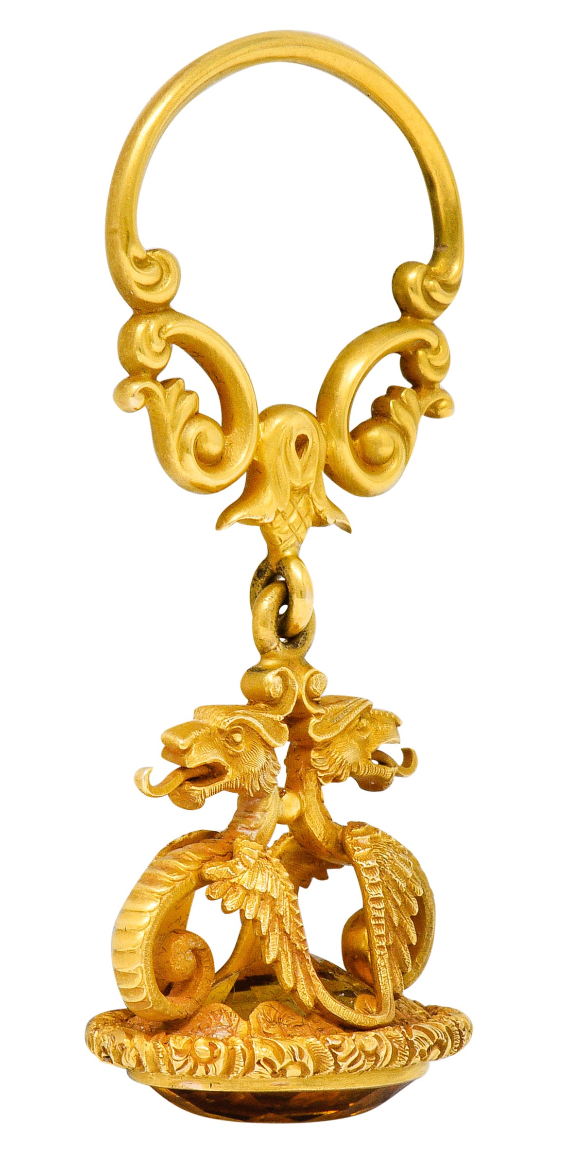 Carter & Gough Art Nouveau Citrine 14 Karat Gold Dragon Fob PendantNecklace - Wilson's Estate Jewelry