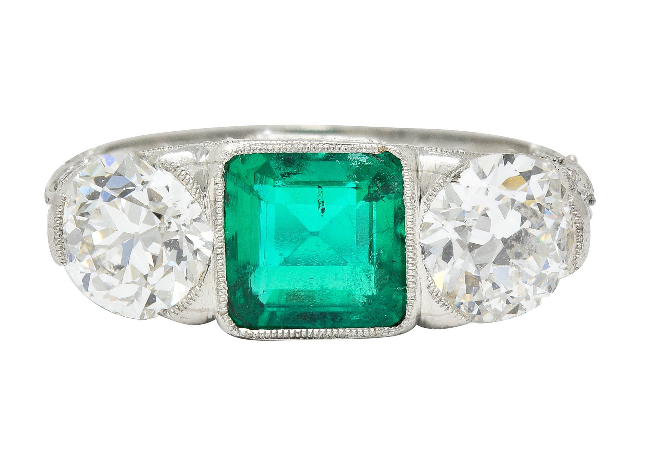 Art Deco 3.30 CTW Diamond Emerald Platinum Three Stone RingRing - Wilson's Estate Jewelry