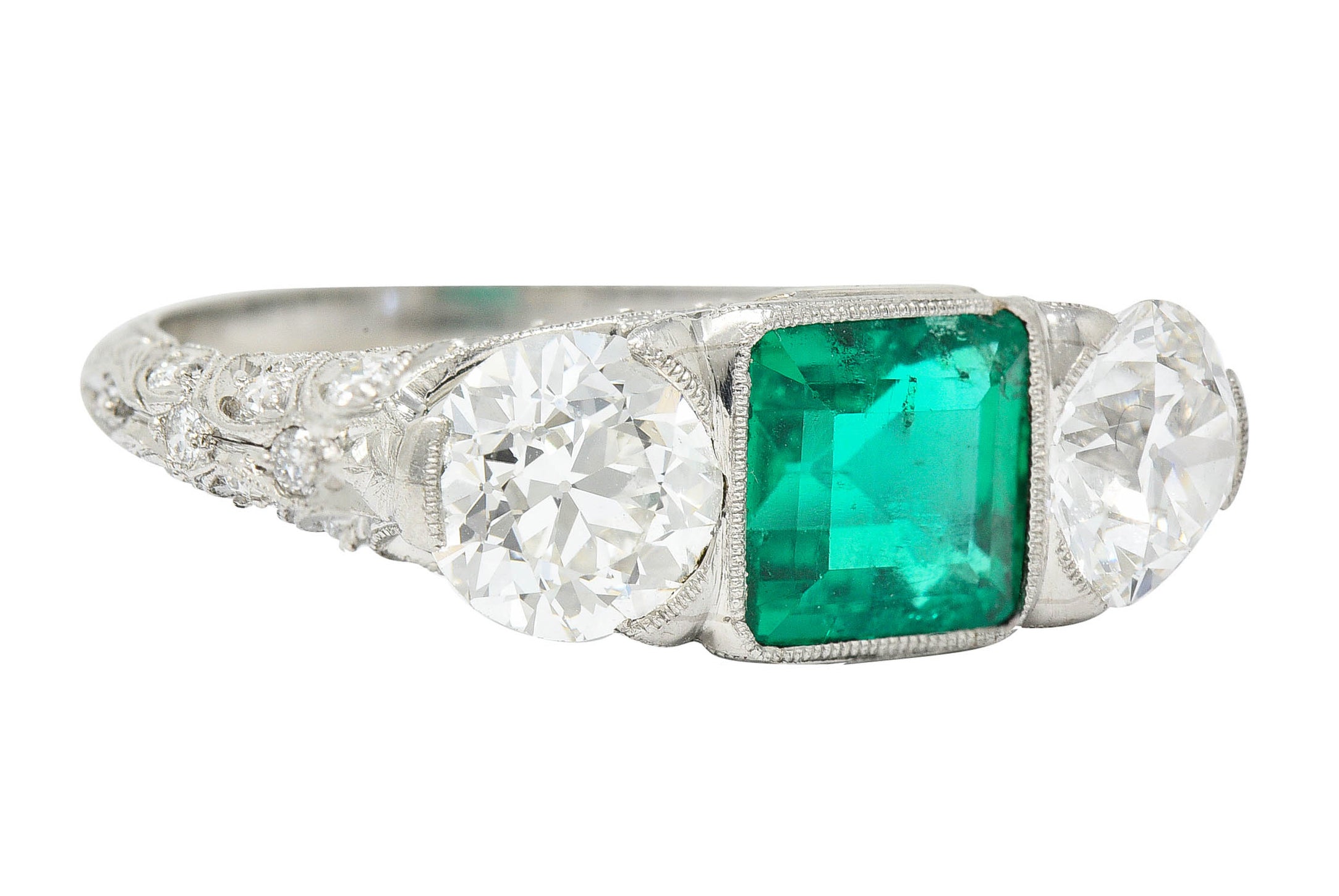 Art Deco 3.30 CTW Diamond Emerald Platinum Three Stone RingRing - Wilson's Estate Jewelry