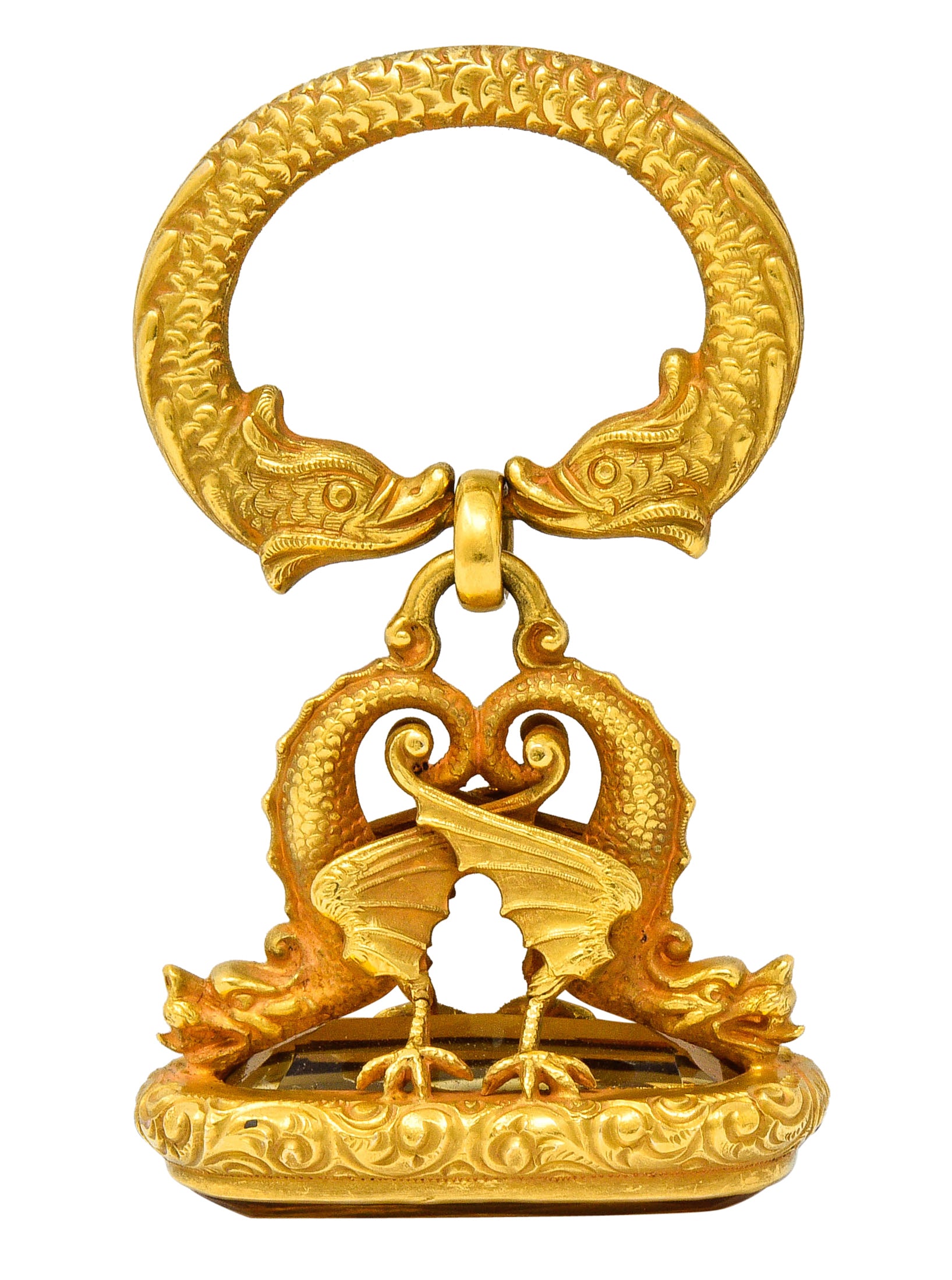 Art Nouveau Citrine 14 Karat Gold Sea Serpent Dragon Fob PendantNecklace - Wilson's Estate Jewelry