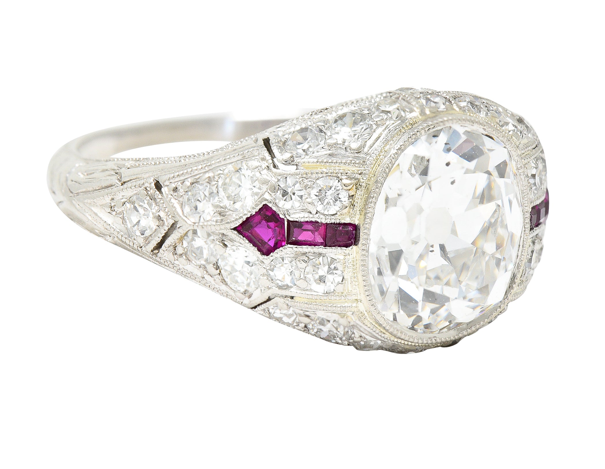 Art Deco 3.16 CTW Old Mine Cut Diamond Ruby Arrow Platinum Bombay Engagement Ring GIA Wilson's Estate Jewelry