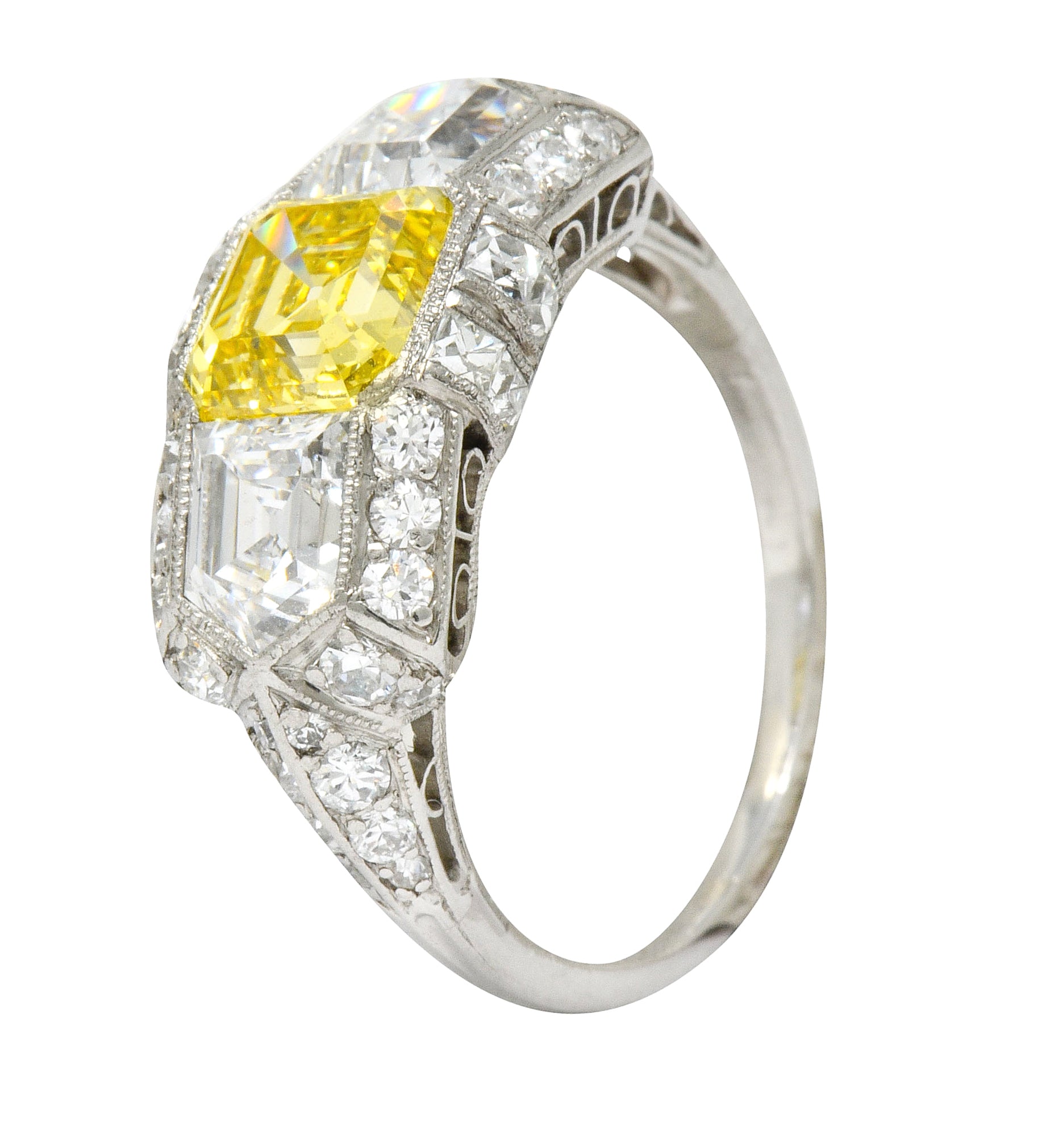 Tiffany & Co. Late Art Deco Fancy Vivid Yellow Diamond Platinum Cocktail Ring GIA - Wilson's Estate Jewelry