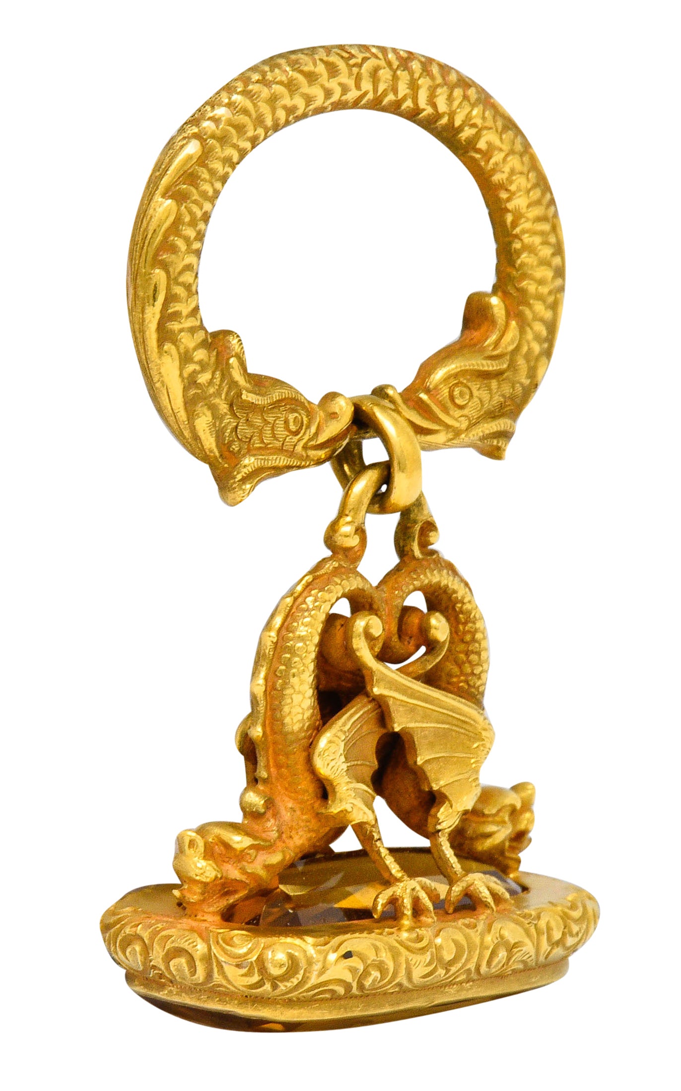 Art Nouveau Citrine 14 Karat Gold Sea Serpent Dragon Fob PendantNecklace - Wilson's Estate Jewelry