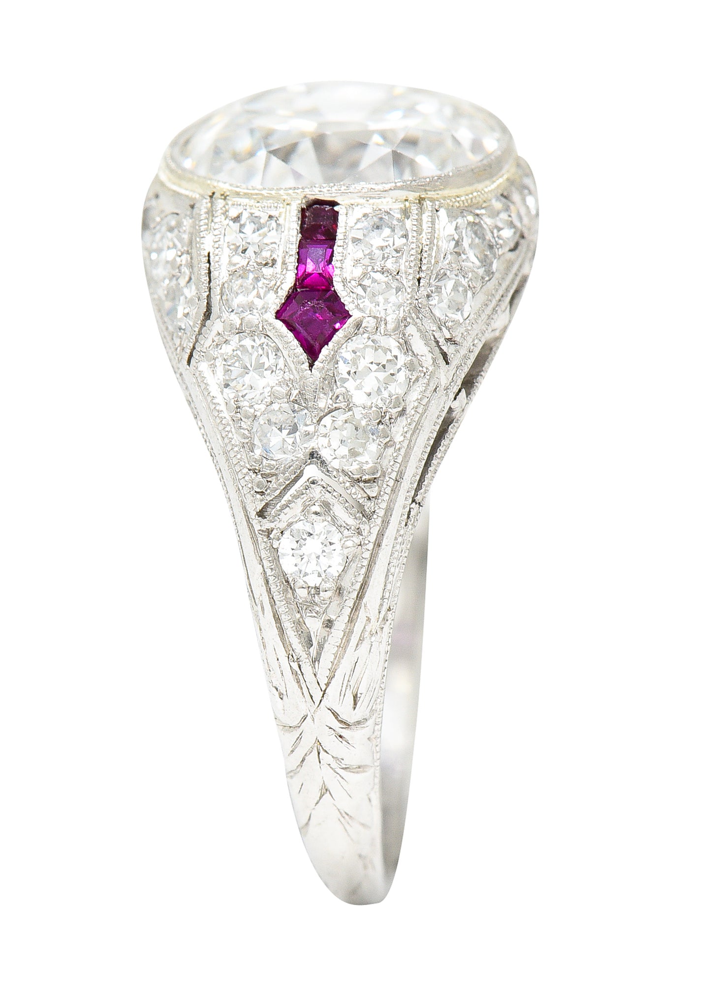 Art Deco 3.16 CTW Old Mine Cut Diamond Ruby Arrow Platinum Bombay Engagement Ring GIA Wilson's Estate Jewelry