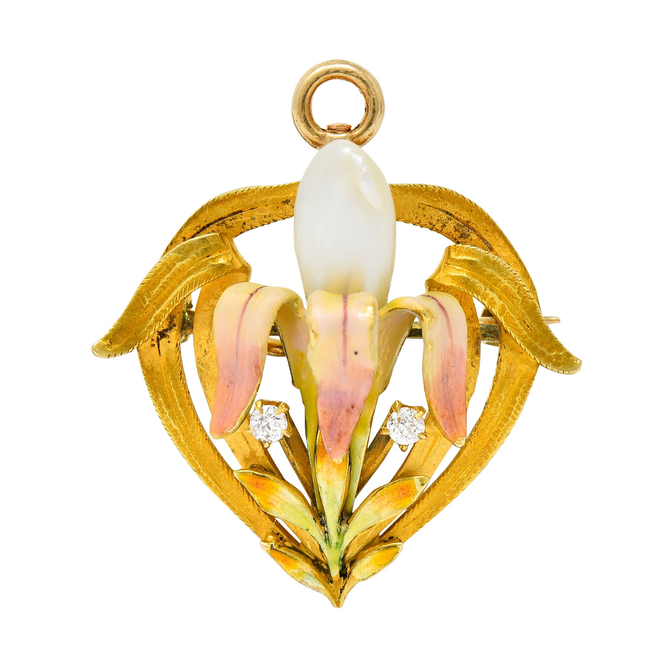 Krementz Art Nouveau Enamel Pearl 14 Karat Gold Water Lily Flower Pendant BroochBrooch - Wilson's Estate Jewelry