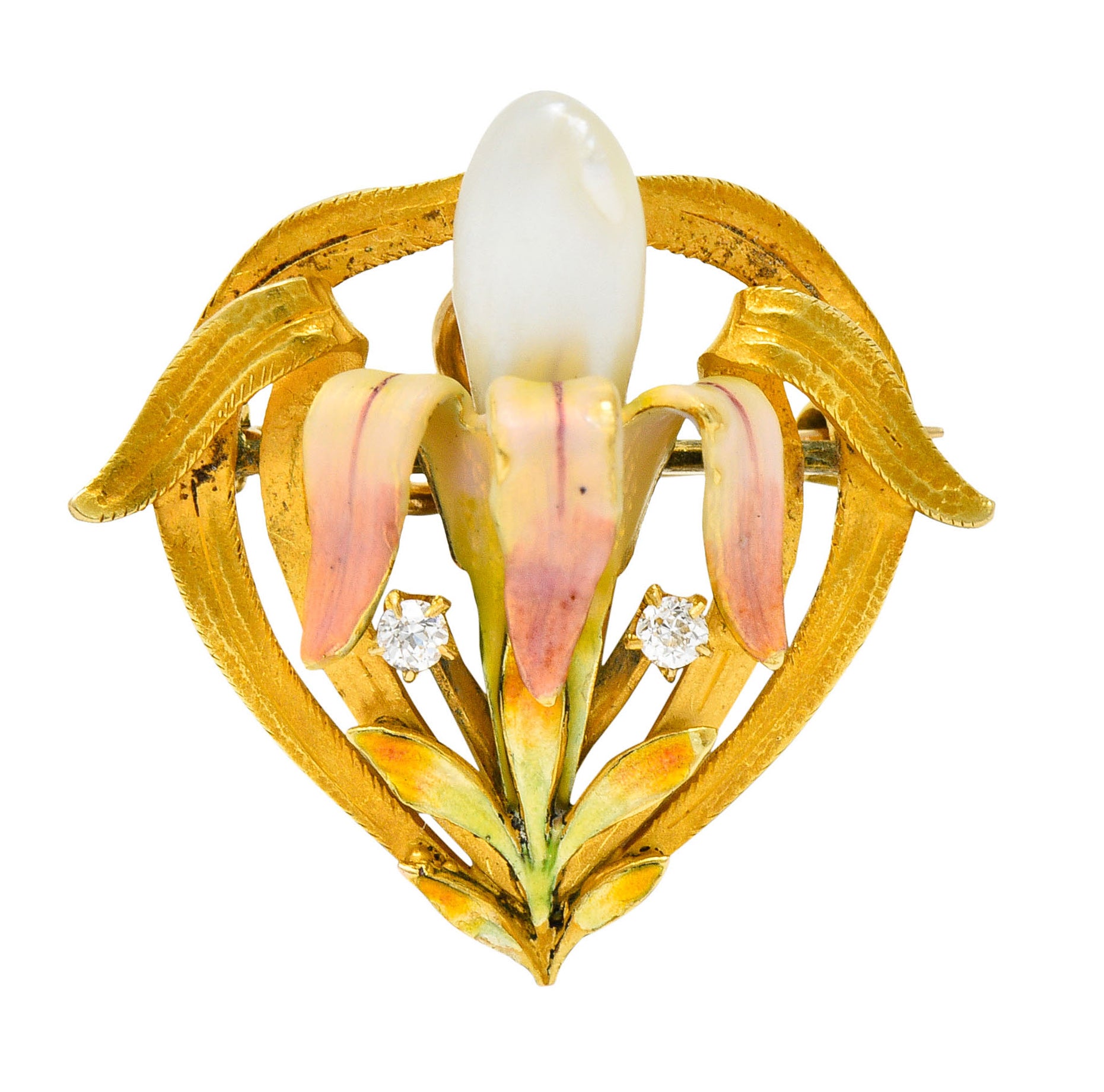 Krementz Art Nouveau Enamel Pearl 14 Karat Gold Water Lily Flower Pendant BroochBrooch - Wilson's Estate Jewelry