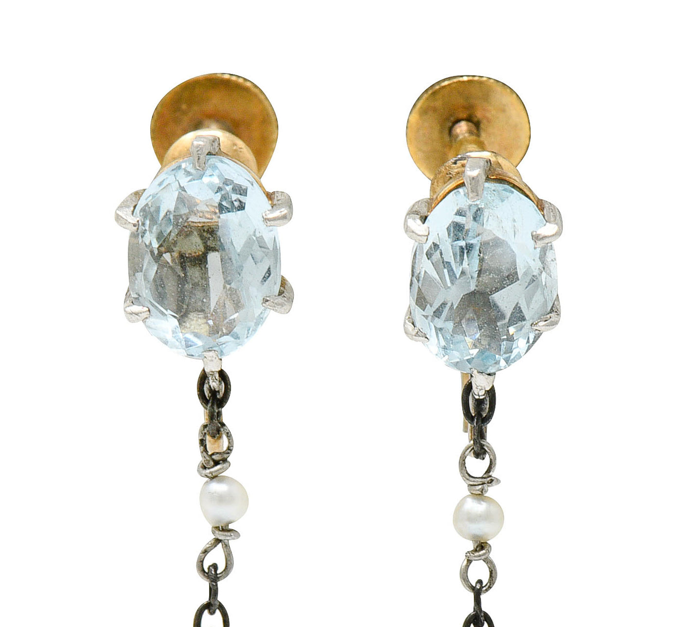 Retro 4.24 CTW Aquamarine Natural Freshwater Pearl Platinum-Topped 14 Karat Gold Screwback EarringsEarrings - Wilson's Estate Jewelry