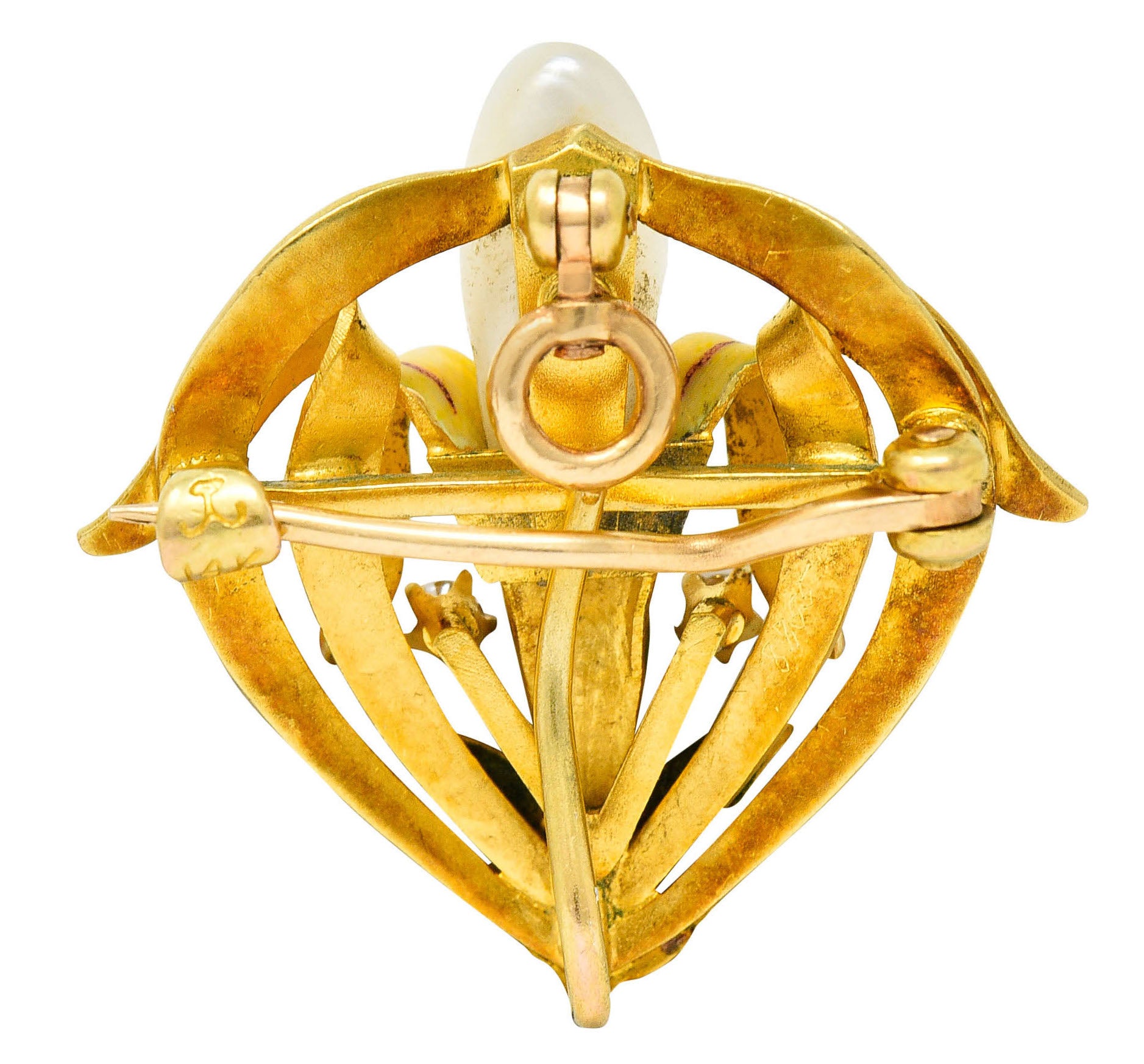 Krementz Art Nouveau Enamel Pearl 14 Karat Gold Water Lily Flower Pendant BroochBrooch - Wilson's Estate Jewelry