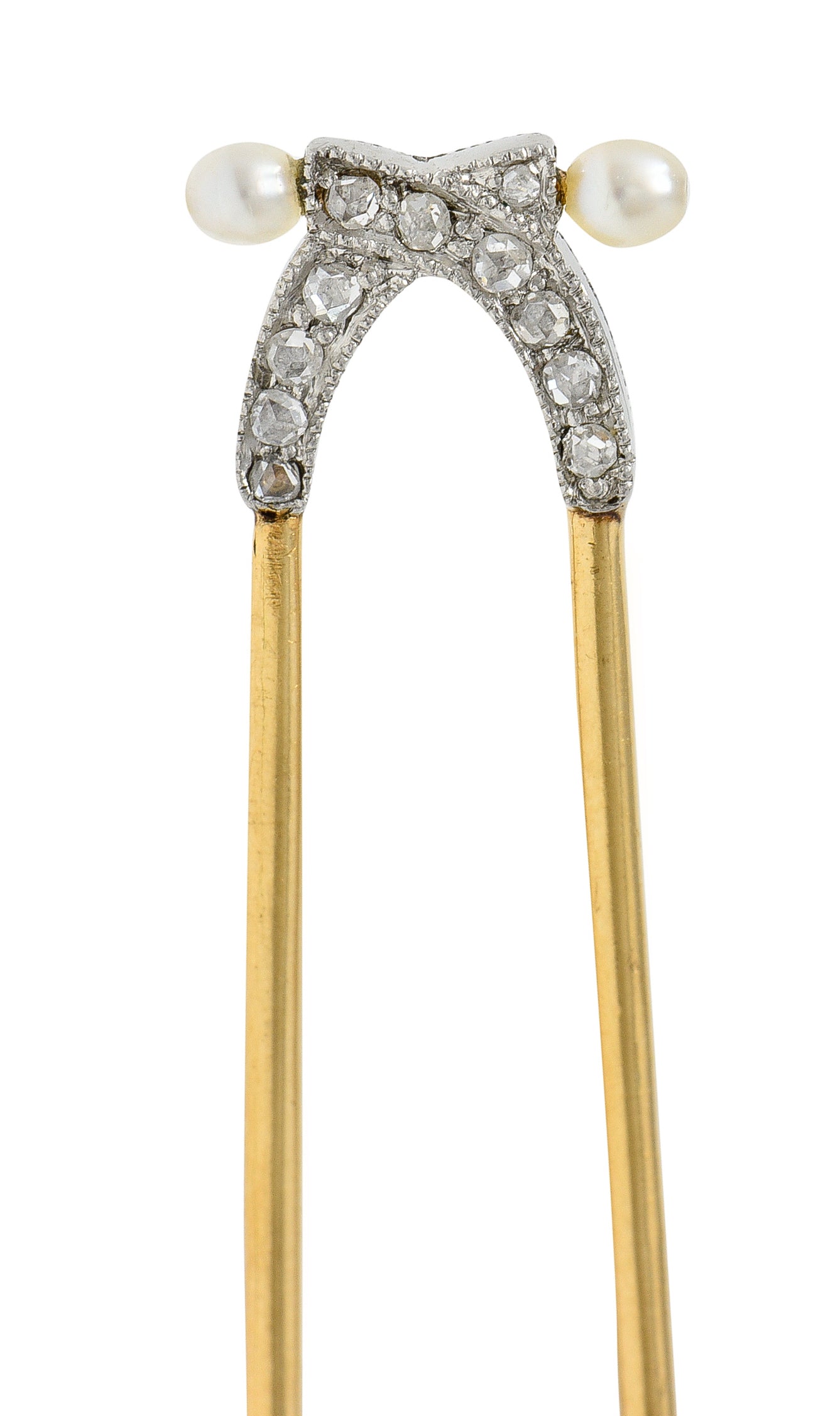 T.B. Starr Edwardian Diamond Pearl Platinum 18 Karat Yellow Gold Antique Hairpin