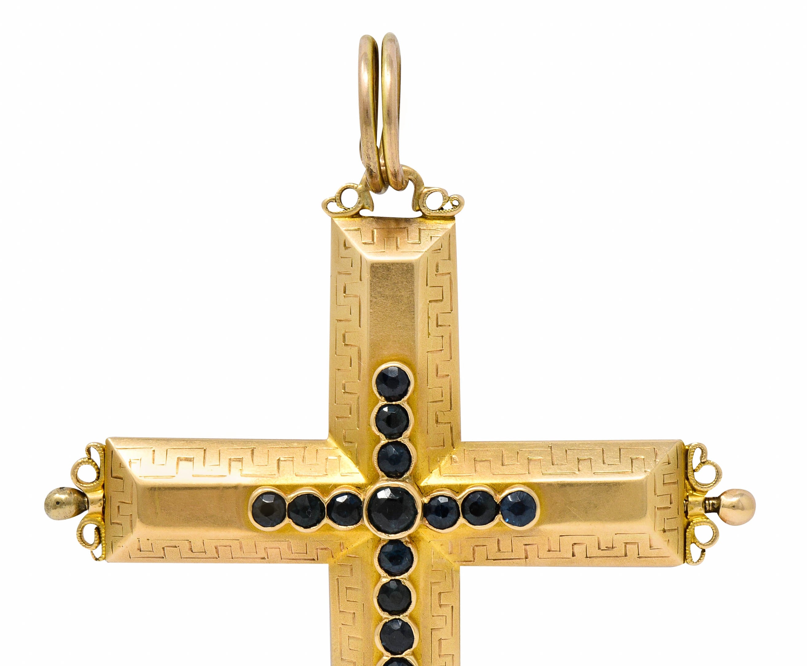 Large Victorian Sapphire 14 Karat Gold Reliquary Cross Pendant - Wilson's Estate Jewelry