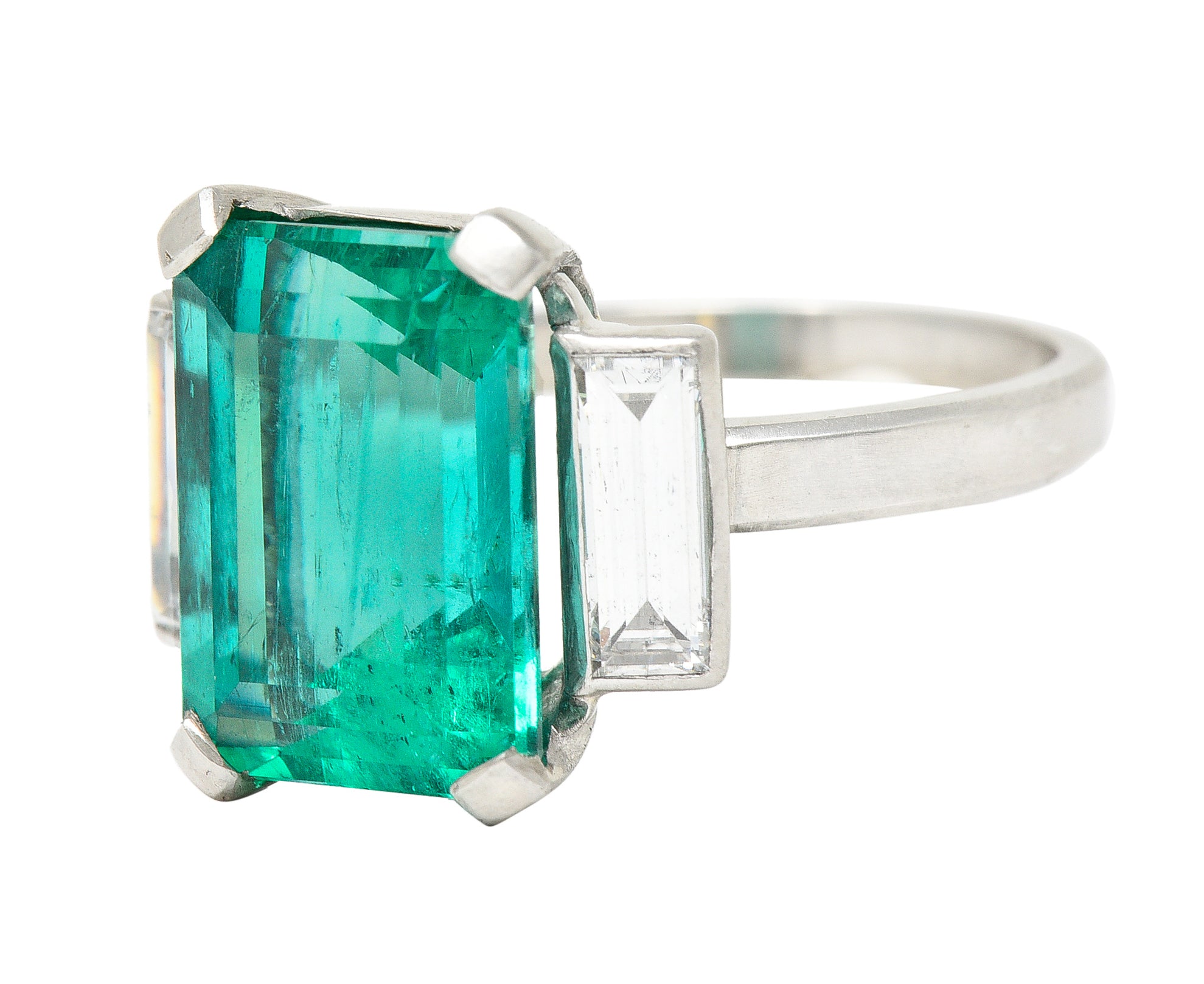 Mid-Century Modernist 6.88 CTW Columbian Emerald Baguette Cut Diamond Platinum Vintage Gemstone Ring GIA Wilson's Estate Jewelry