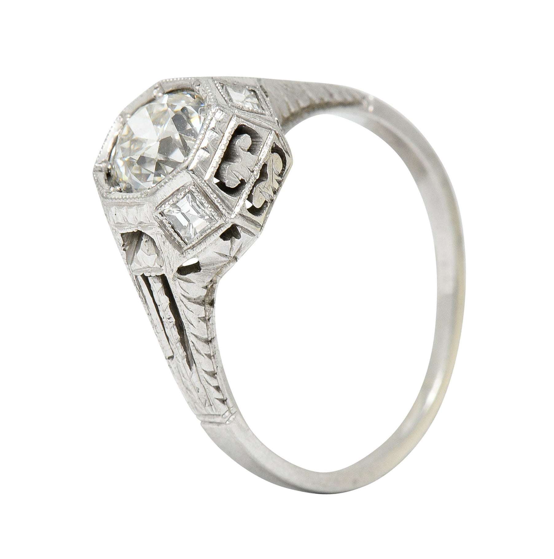 Art Deco 1.05 CTW Diamond 18 Karat White Gold Foliate Engagement RingRing - Wilson's Estate Jewelry