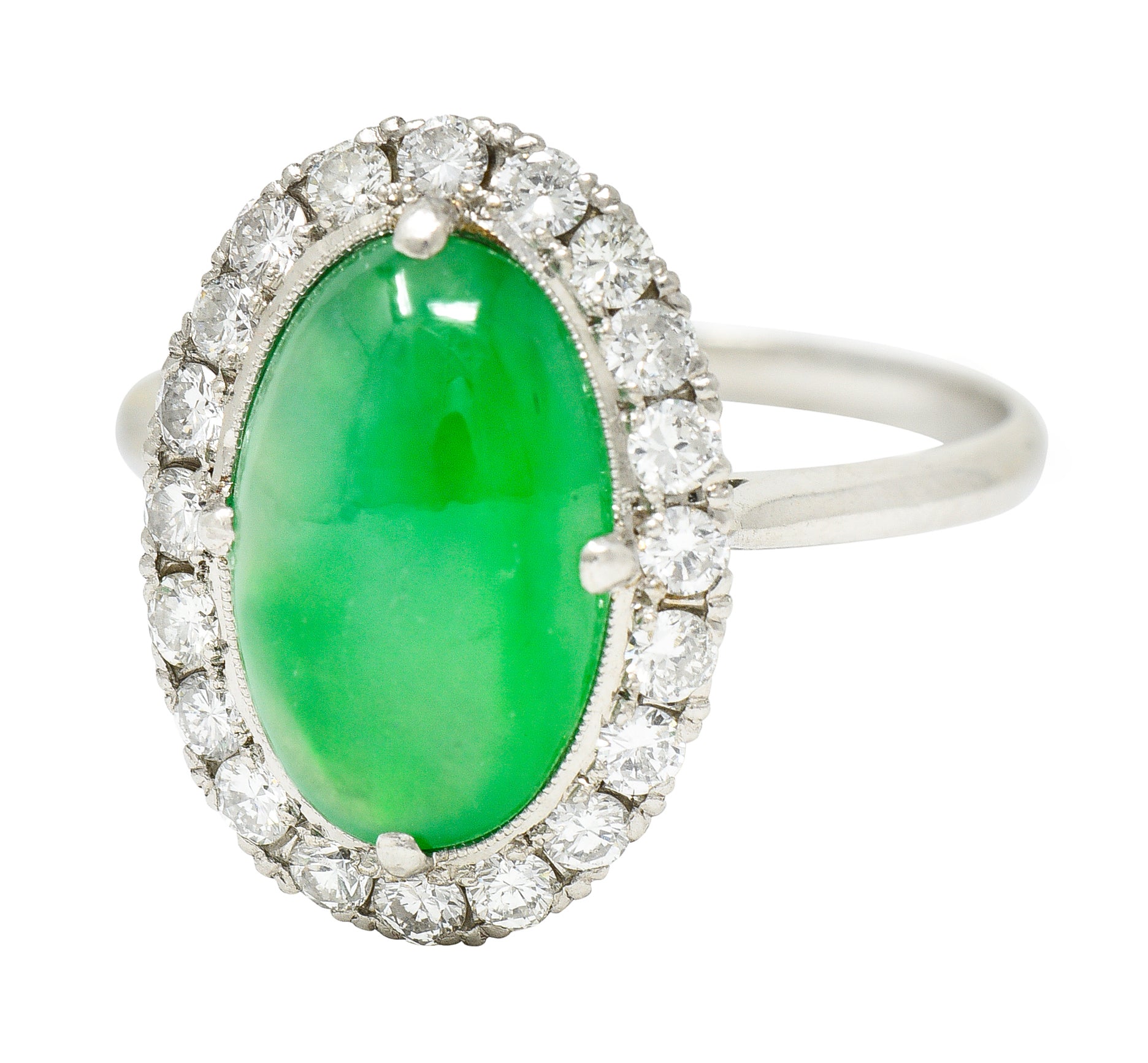 Jadeite Jade Diamond Halo Platinum Cabochon Cluster Ring GIA Wilson's Antique & Estate Jewelry