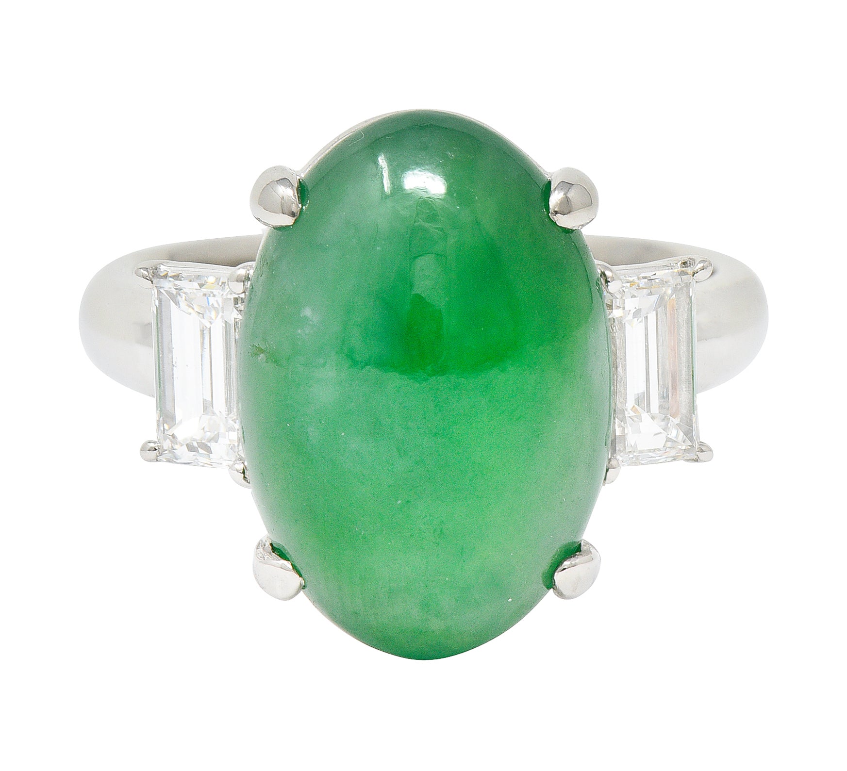 Jadeite Jade Diamond Platinum Three Stone Cabochon Ring GIA Wilson's Antique & Estate Jewelry