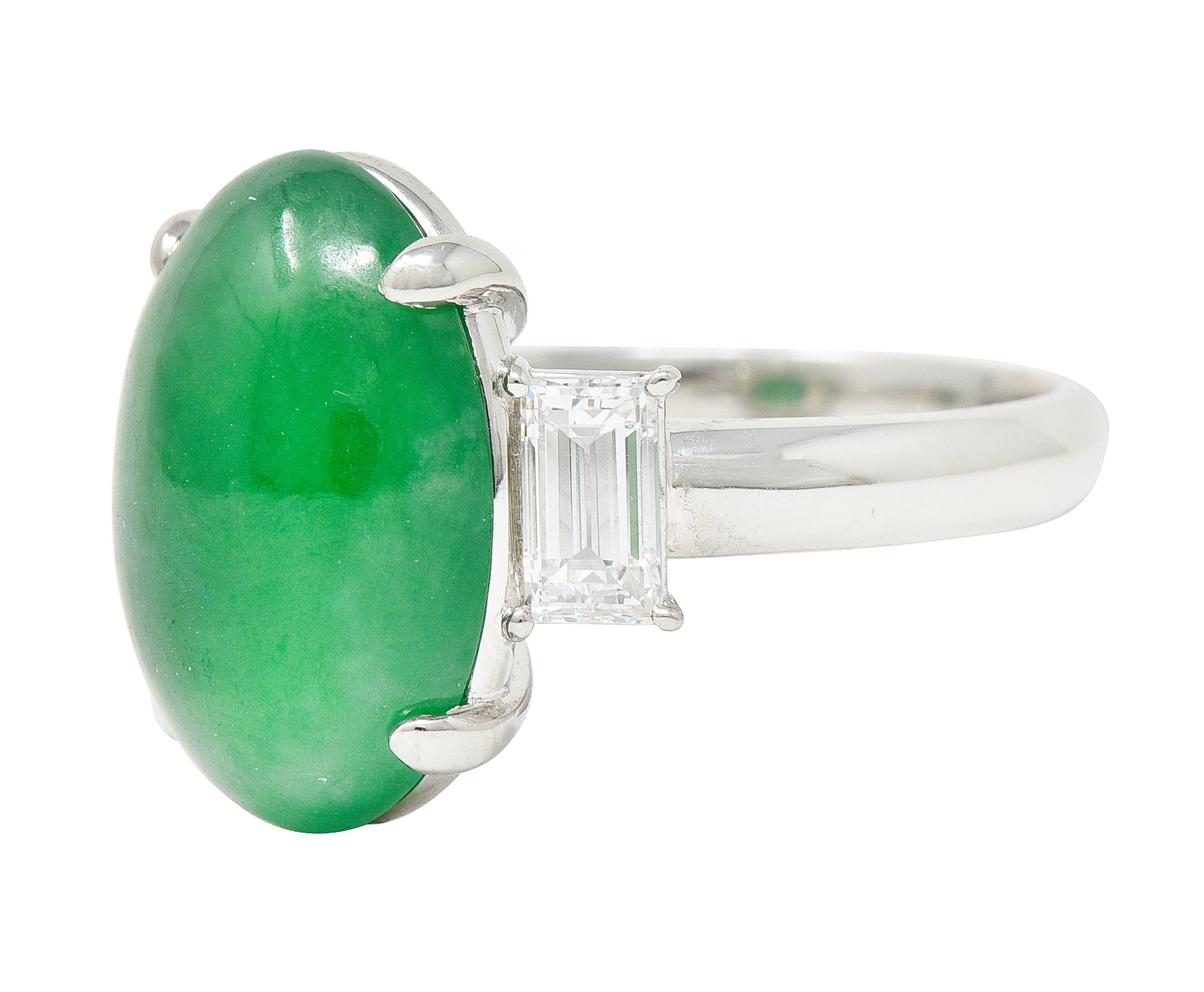 Jadeite Jade Diamond Platinum Three Stone Cabochon Ring GIA Wilson's Antique & Estate Jewelry